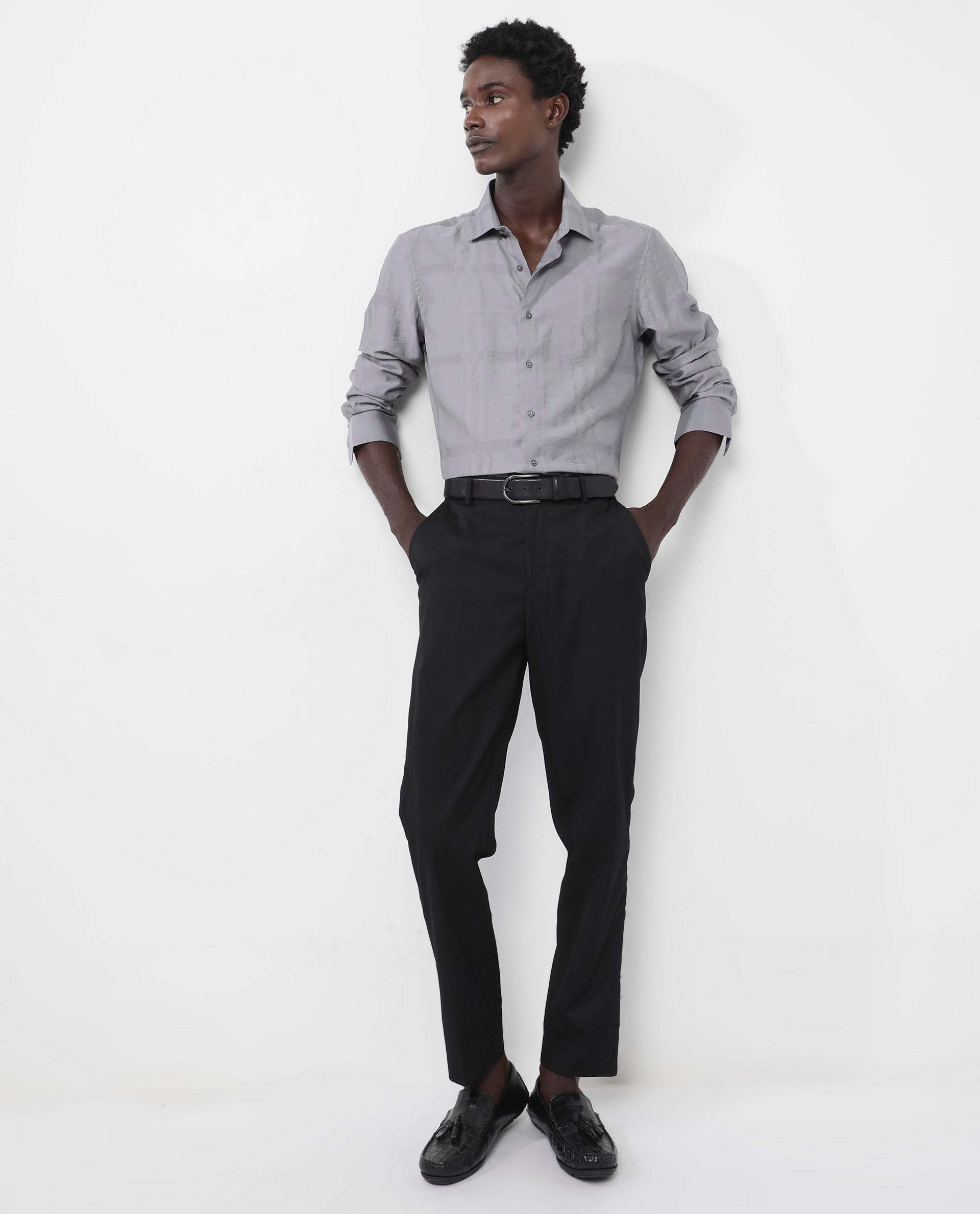 Rare Rabbit Men's Jerdo Grey Viscose Nylon Fabric Full Sleeves Regular Fit Checked Shirt