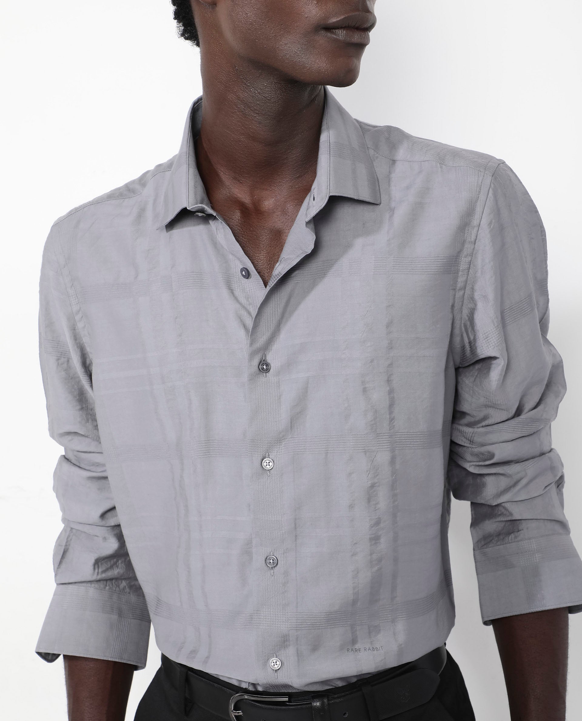 Rare Rabbit Men's Jerdo Grey Viscose Nylon Fabric Full Sleeves Regular Fit Checked Shirt