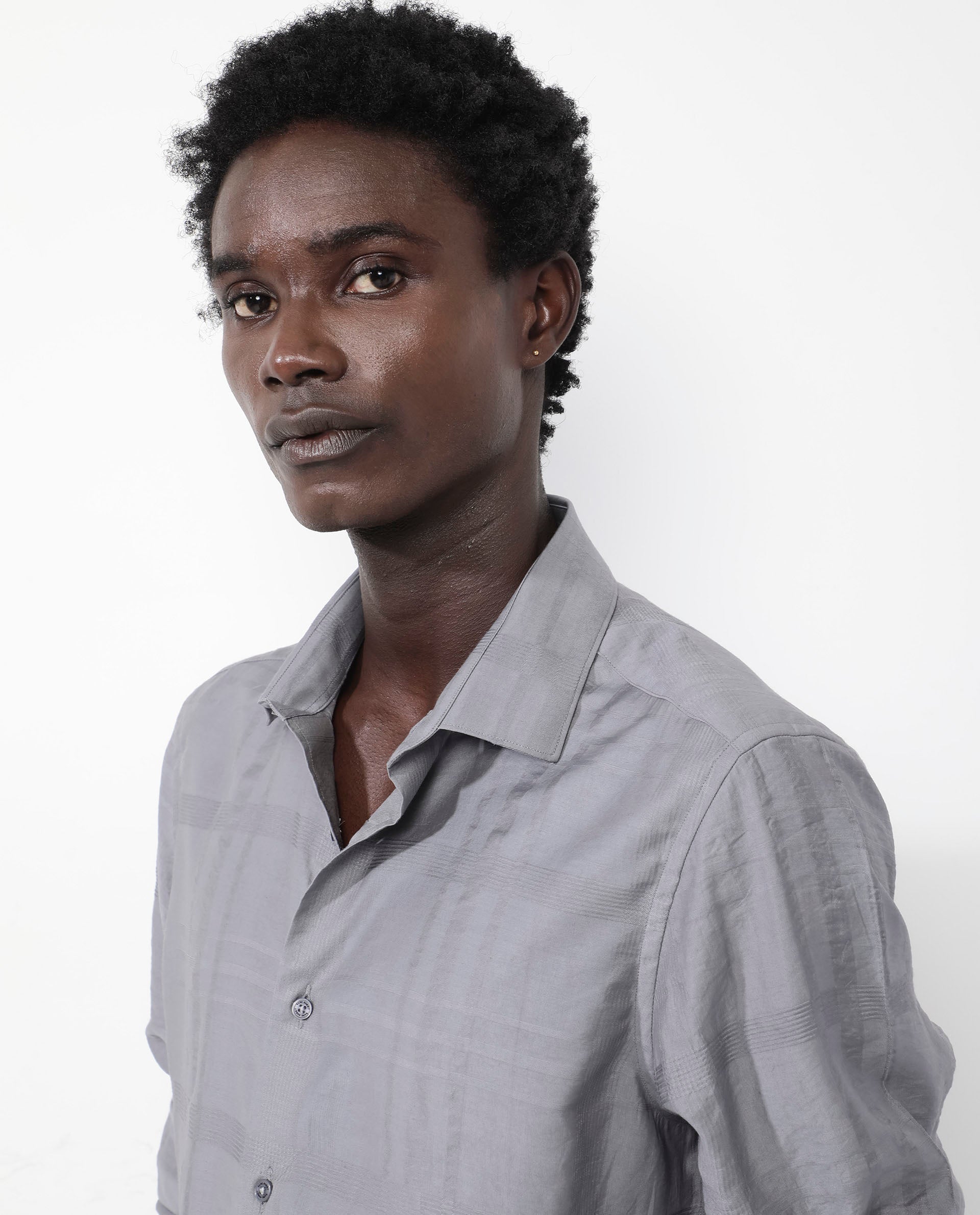 Rare Rabbit Men's Jerdo Grey Viscose Nylon Fabric Full Sleeves Regular Fit Checked Shirt