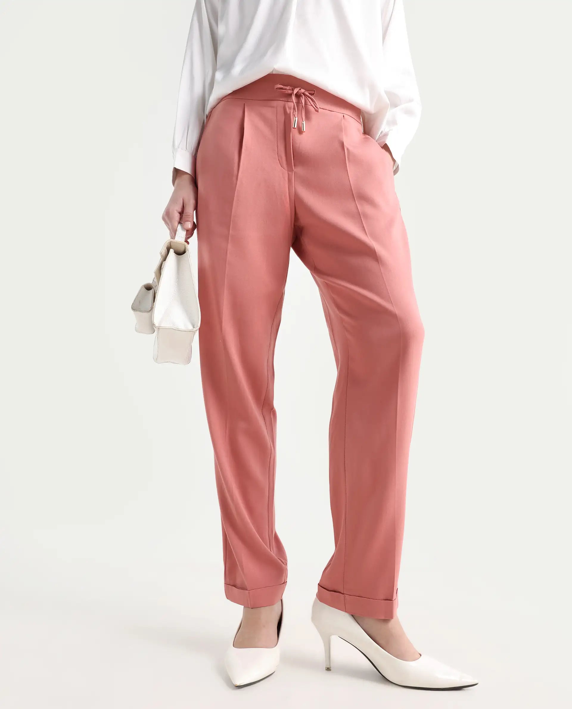 Rareism Women's Jeremiah Peach Polyester Blend Plain Ankle Length Tailored Trouser