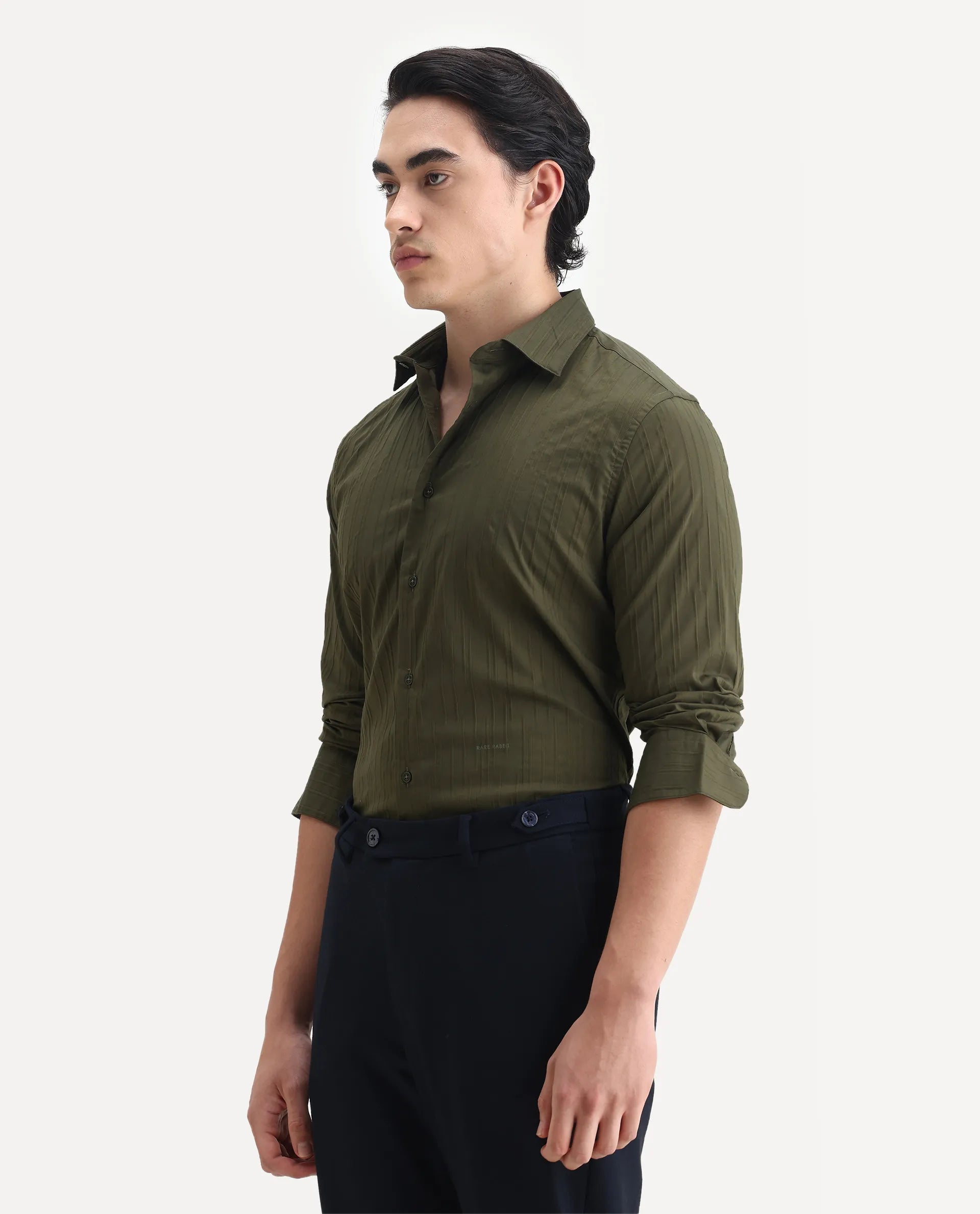 Rare Rabbit Men's Jerna-B Olive Cotton Blend Striped Print Regular Fit Full Sleeve Collared Shirt