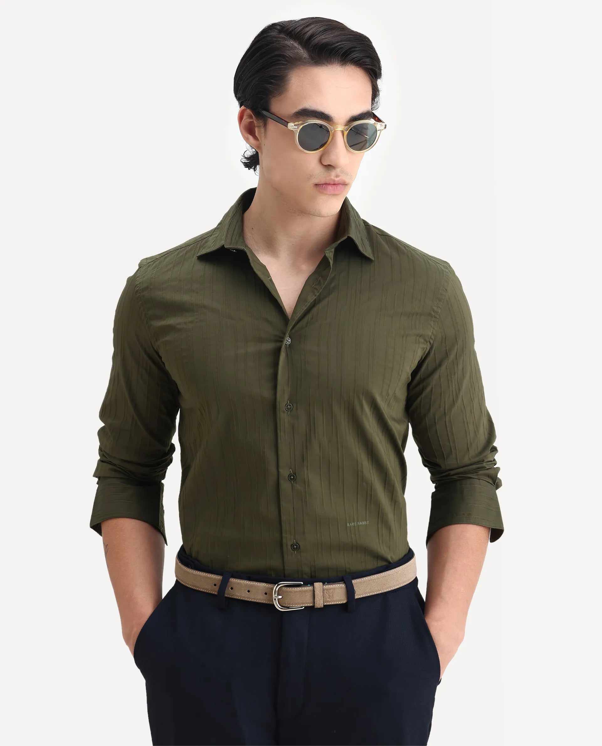 Rare Rabbit Men's Jerna-B Olive Cotton Blend Striped Print Regular Fit Full Sleeve Collared Shirt