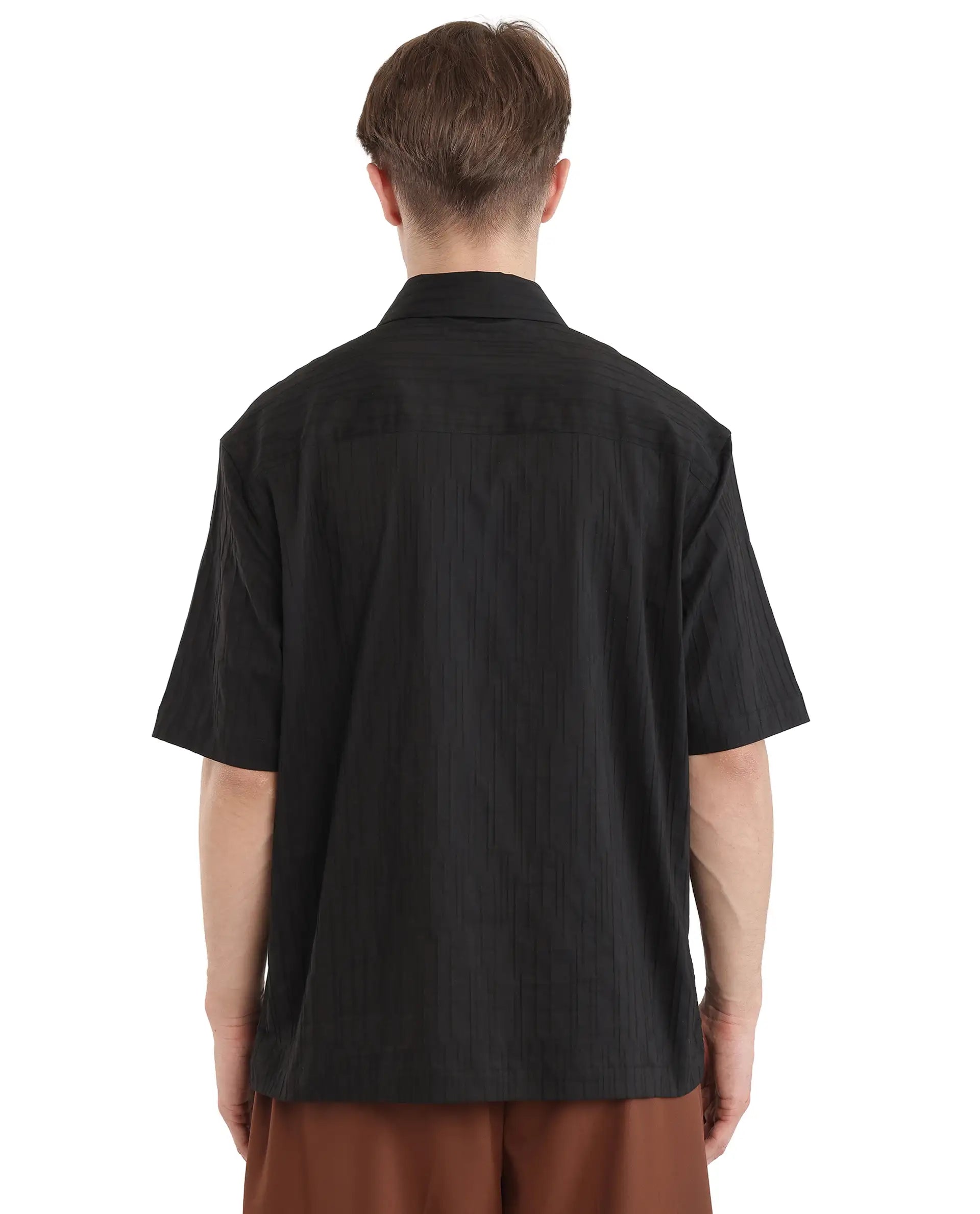 Rare Rabbit Men Jern Black Poly Blend Fabric Relaxed Fit Short Sleeve Regular Collar with Zipper Dobby Stripe Shirt