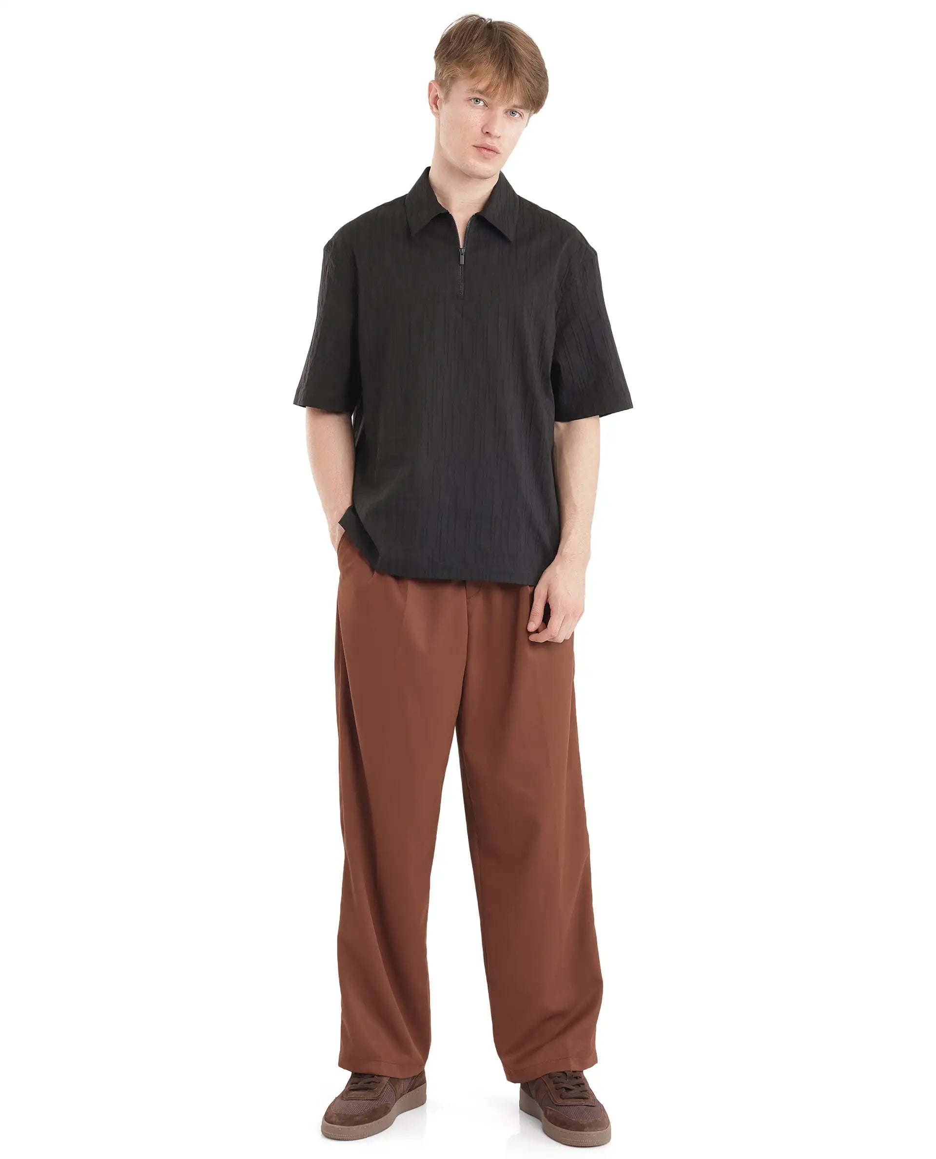 Rare Rabbit Men Jern Black Poly Blend Fabric Relaxed Fit Short Sleeve Regular Collar with Zipper Dobby Stripe Shirt