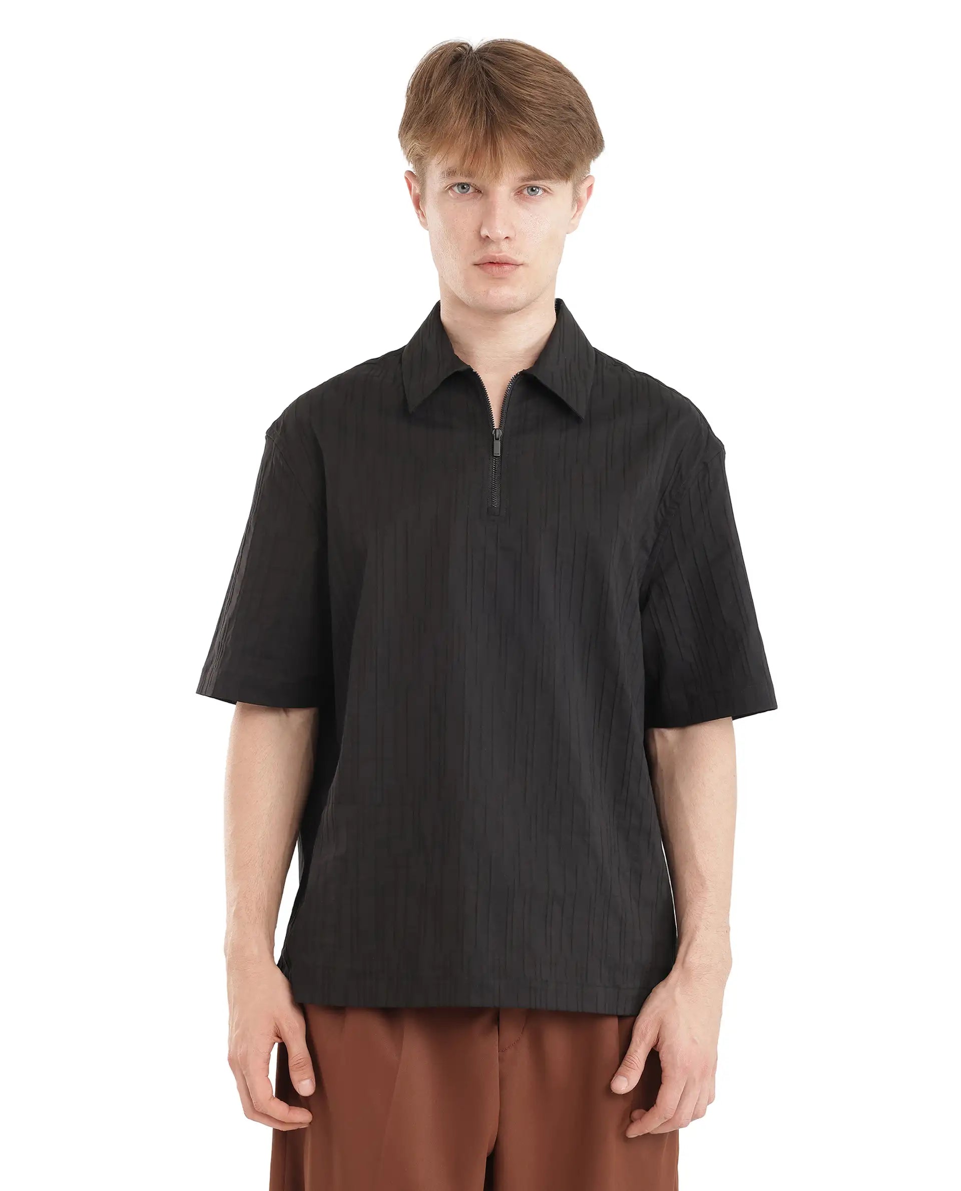 Rare Rabbit Men Jern Black Poly Blend Fabric Relaxed Fit Short Sleeve Regular Collar with Zipper Dobby Stripe Shirt