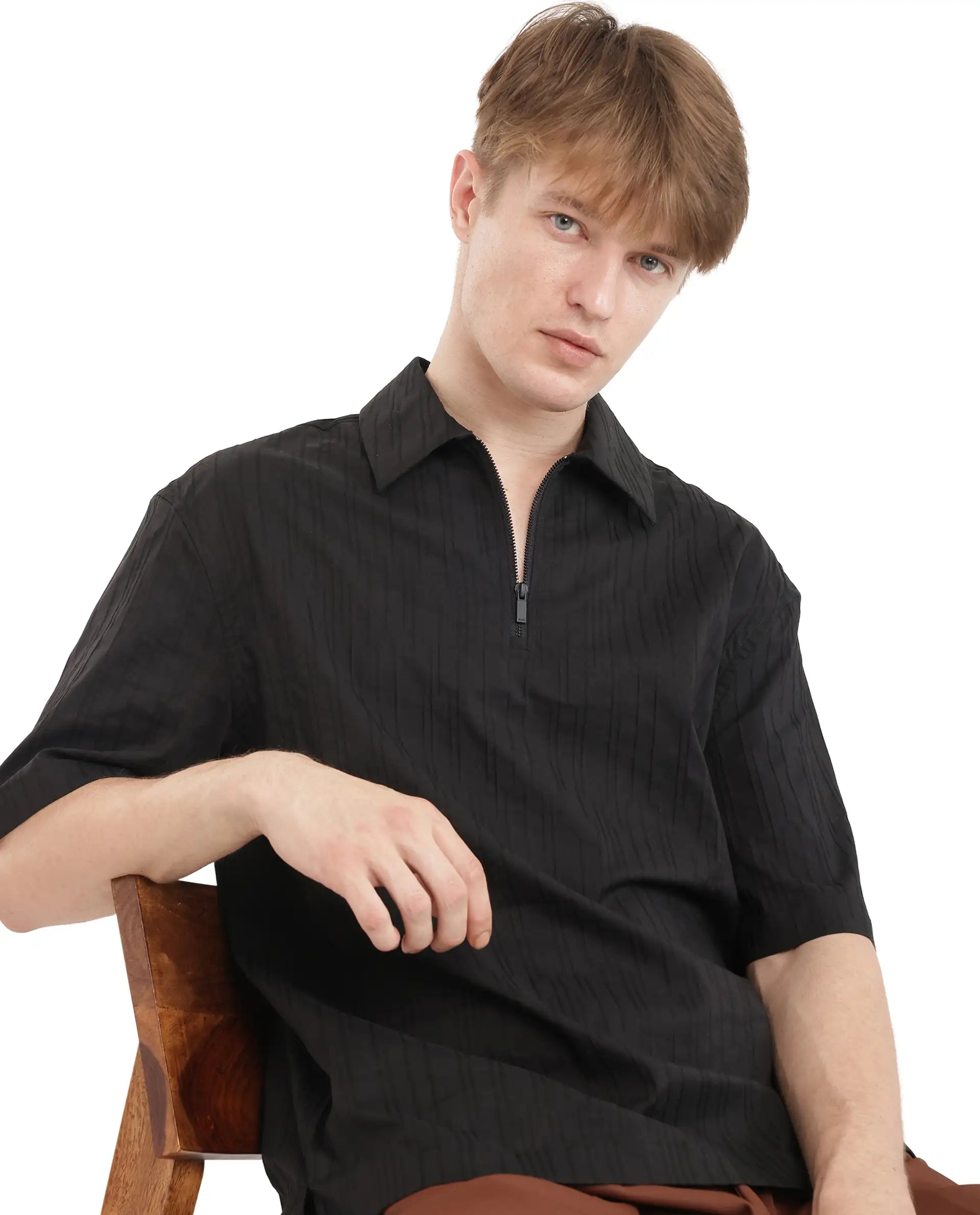 Rare Rabbit Men Jern Black Poly Blend Fabric Relaxed Fit Short Sleeve Regular Collar with Zipper Dobby Stripe Shirt