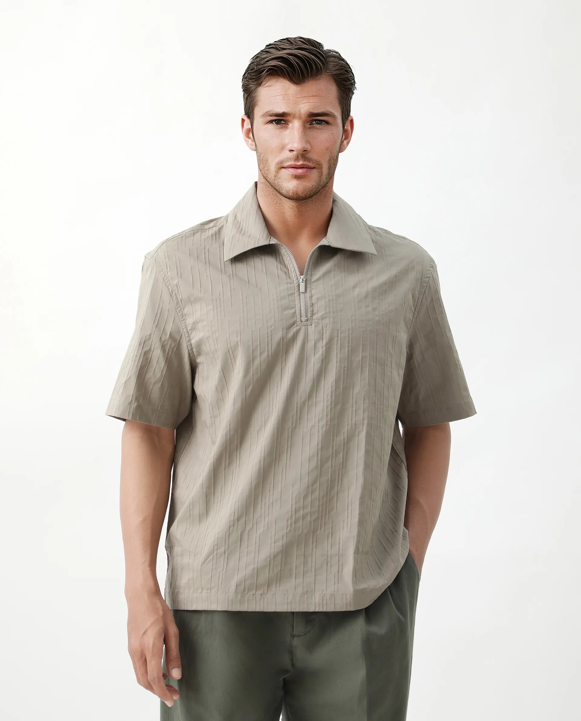 Rare Rabbit Men's Jern Dusky Grey Poly Blend Striped Print Relaxed Fit Half Sleeve Collared Shirt