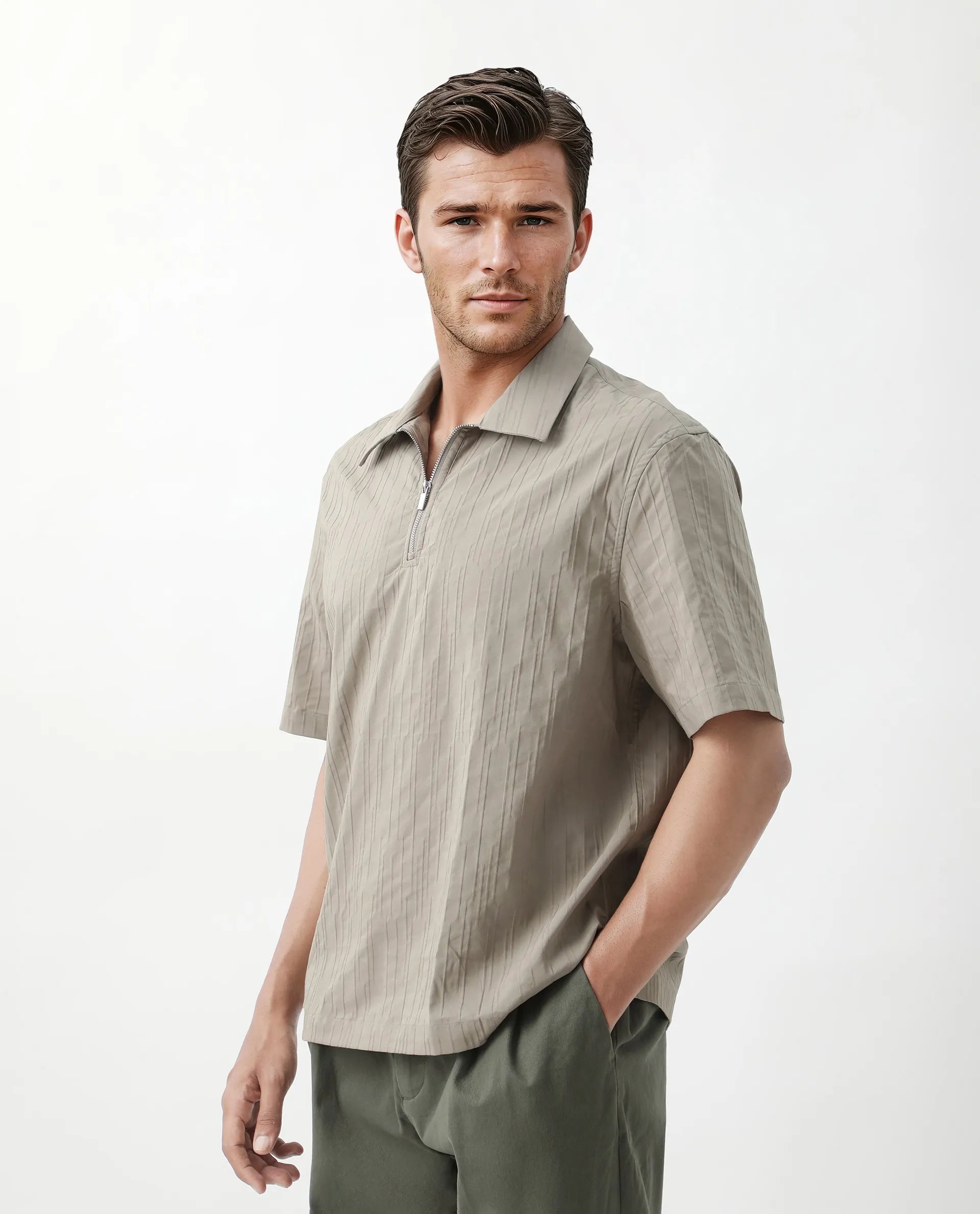 Rare Rabbit Men's Jern Dusky Grey Poly Blend Striped Print Relaxed Fit Half Sleeve Collared Shirt