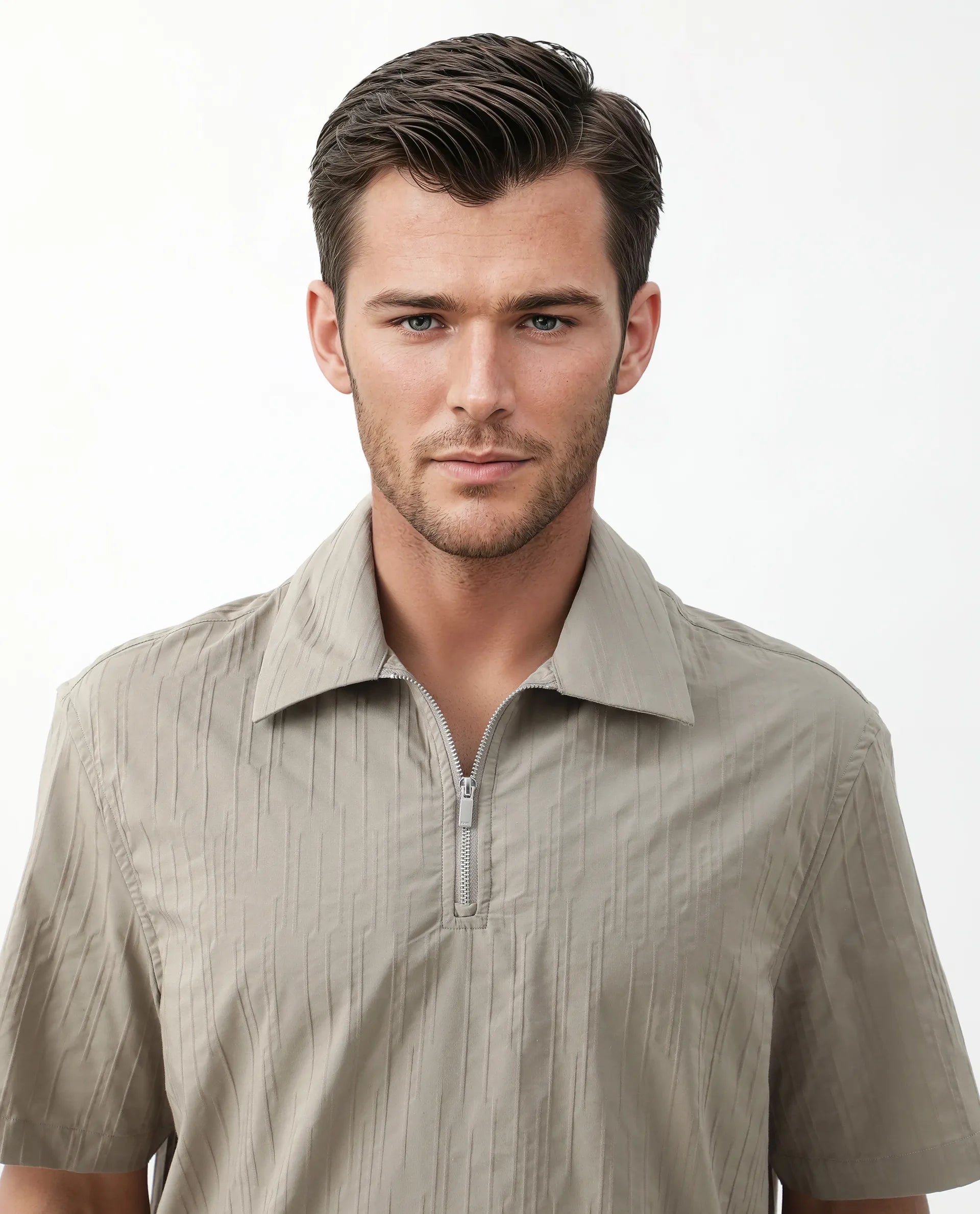 Rare Rabbit Men's Jern Dusky Grey Poly Blend Striped Print Relaxed Fit Half Sleeve Collared Shirt