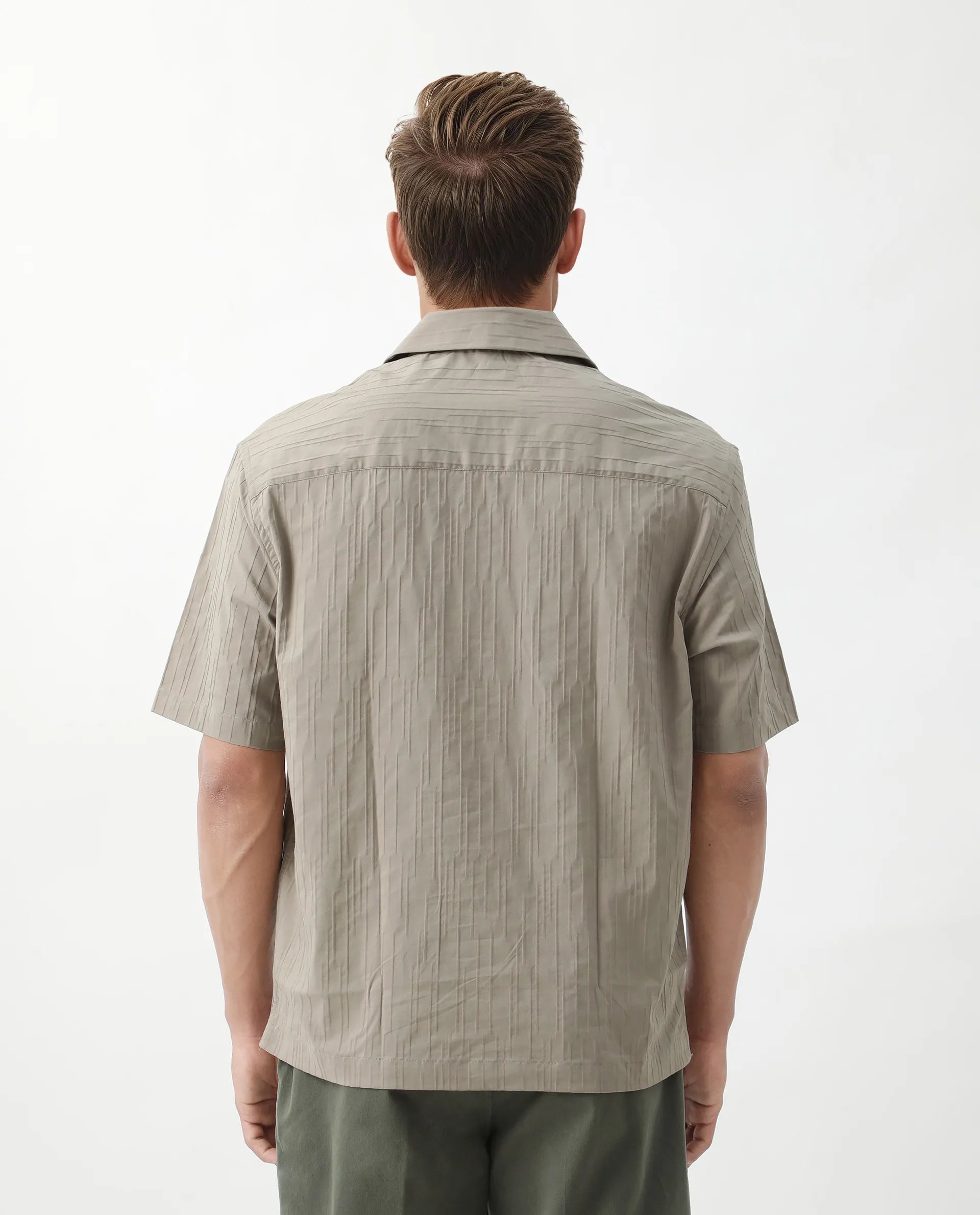 Rare Rabbit Men's Jern Dusky Grey Poly Blend Striped Print Relaxed Fit Half Sleeve Collared Shirt