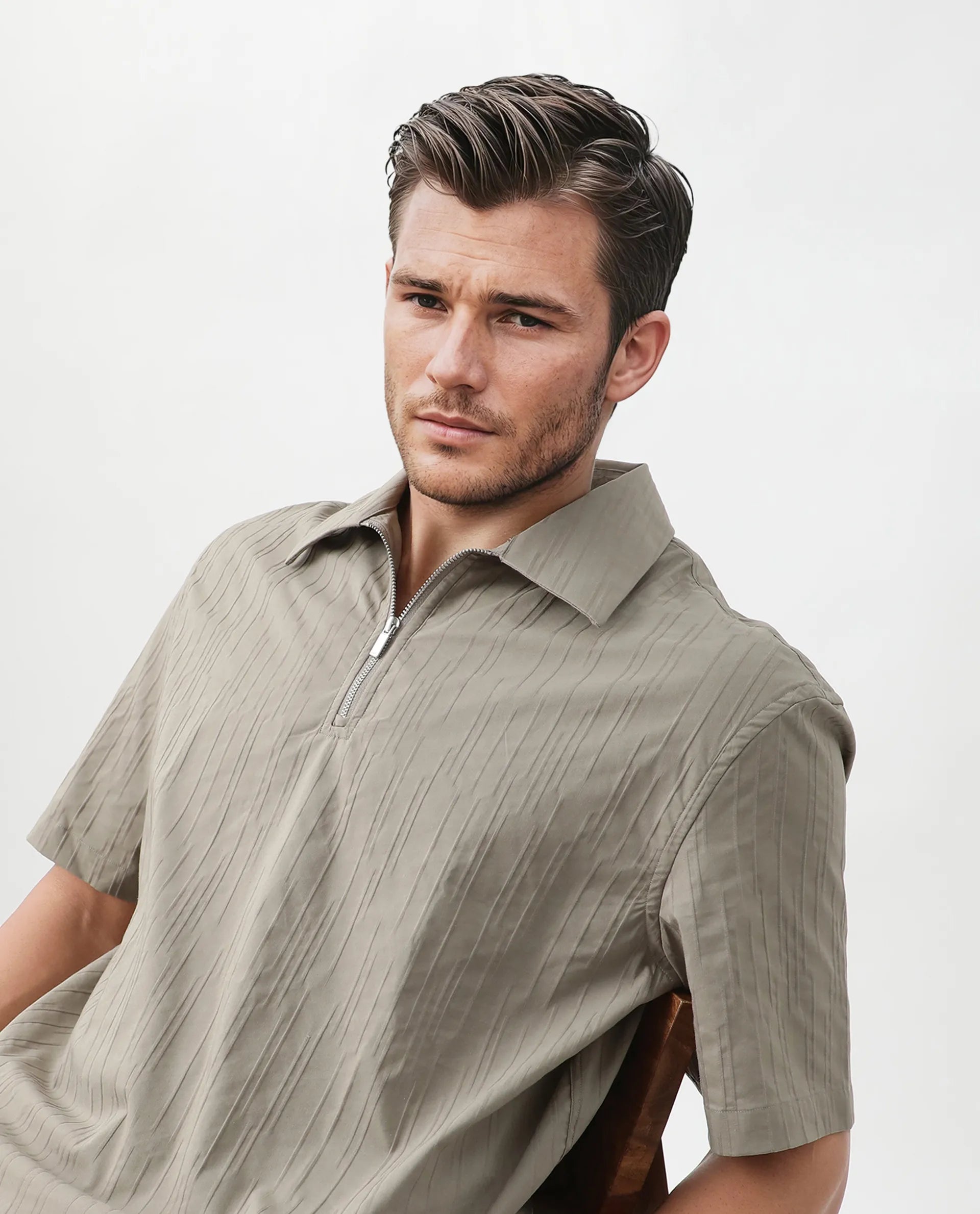 Rare Rabbit Men's Jern Dusky Grey Poly Blend Striped Print Relaxed Fit Half Sleeve Collared Shirt