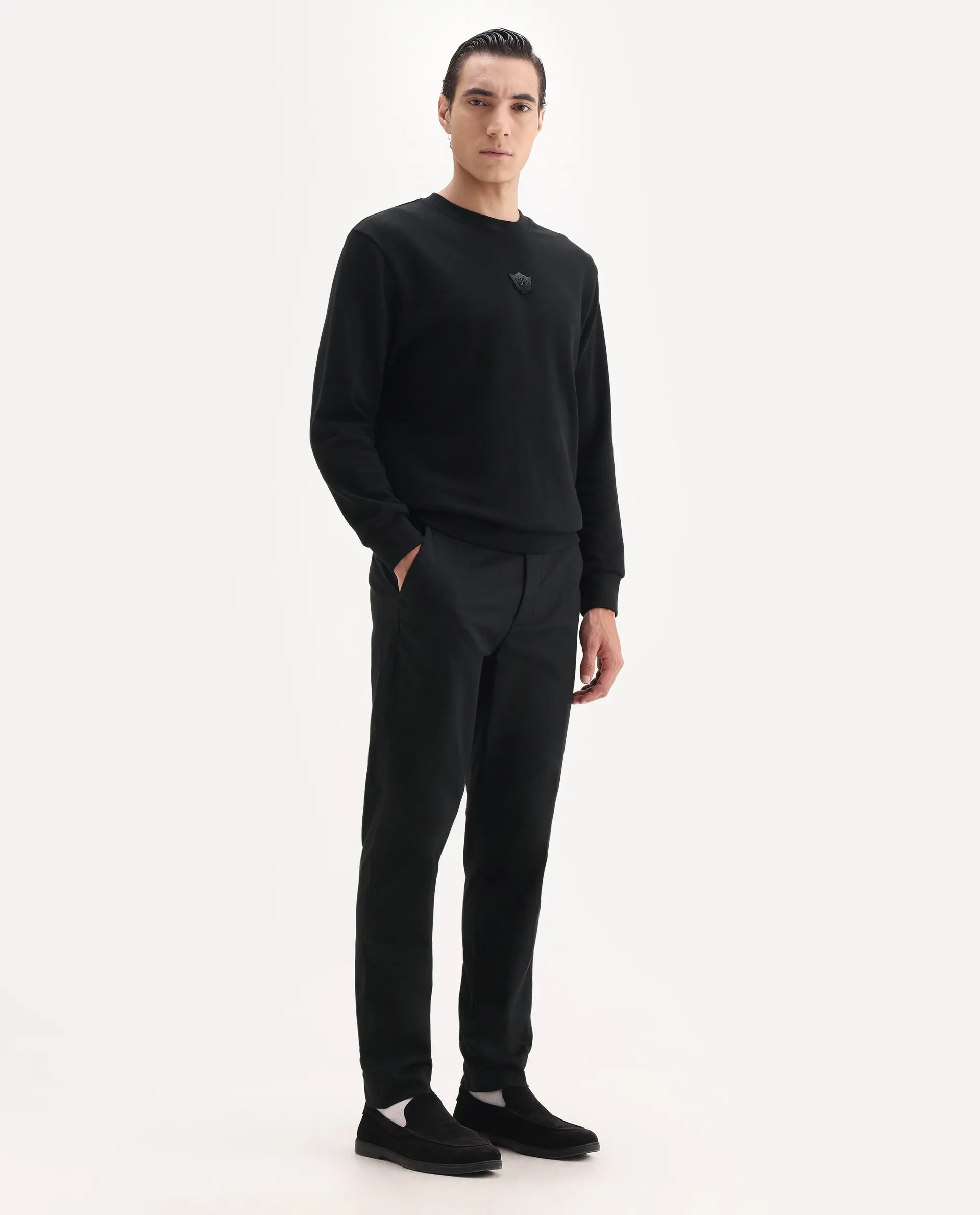 Rare Rabbit Men's Jes Black Cotton Blend Jacquard Relaxed Fit Trouser