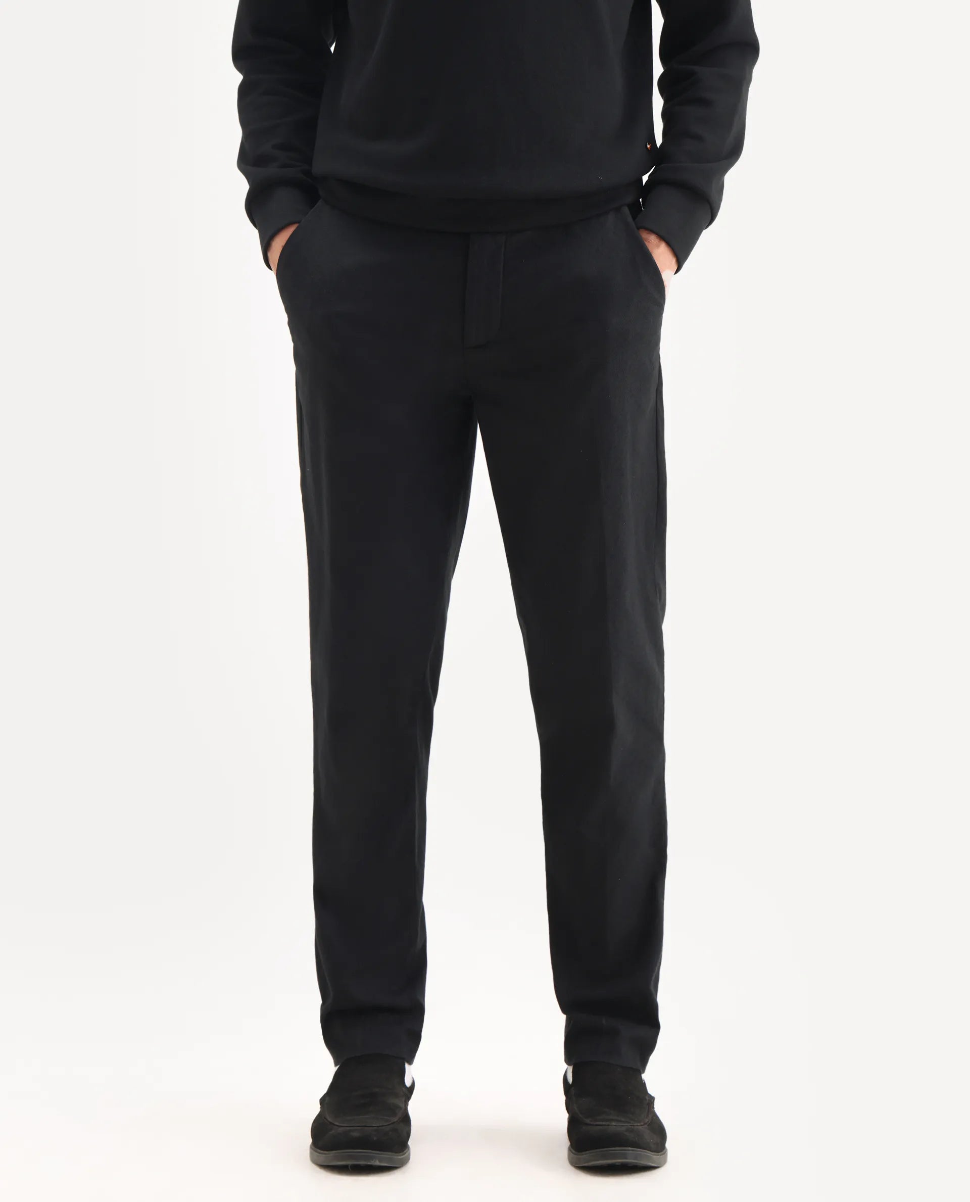 Rare Rabbit Men's Jes Black Cotton Blend Jacquard Relaxed Fit Trouser