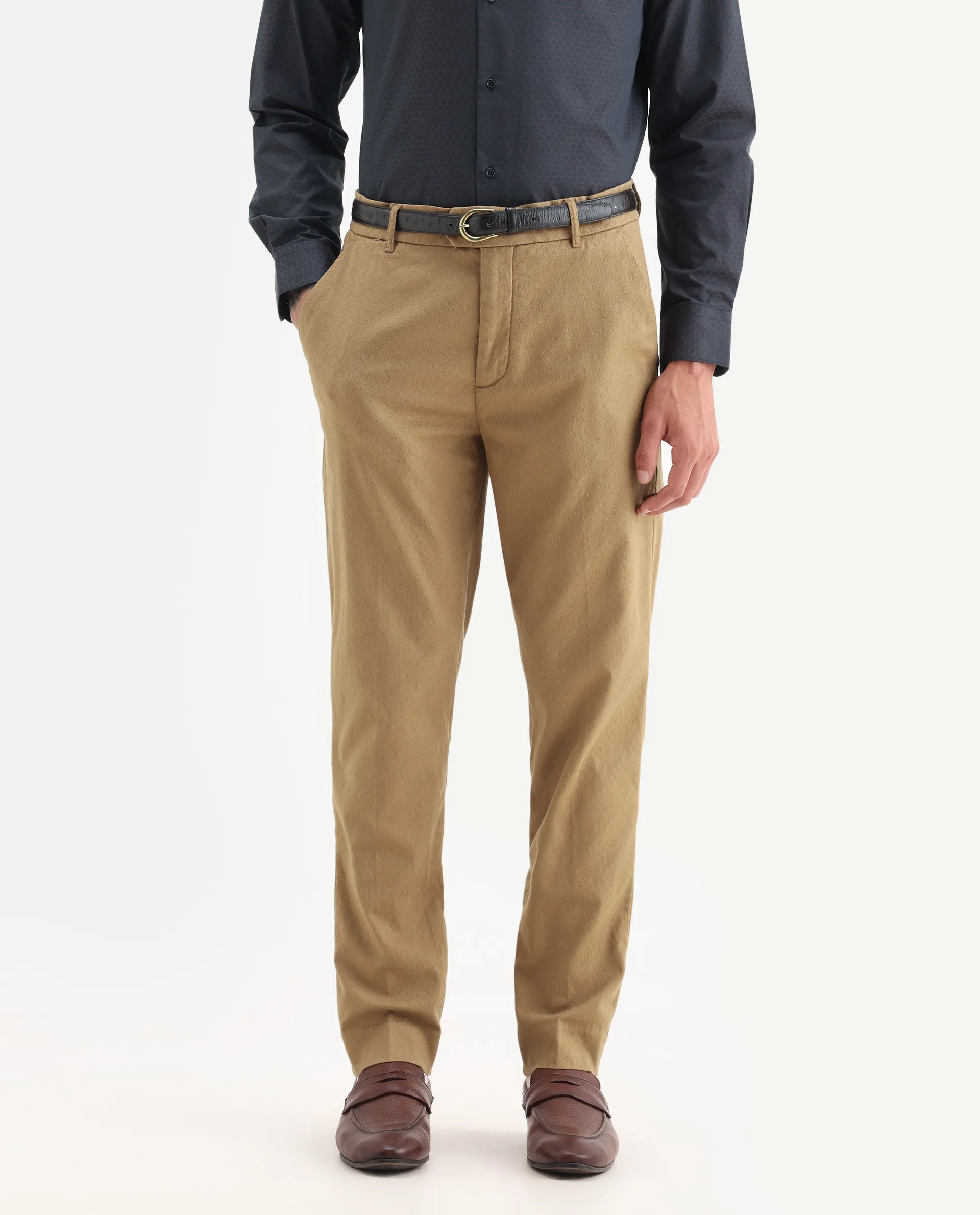 Rare Rabbit Men's Jes Khaki Cotton Blend Jacquard Relaxed Fit Trouser