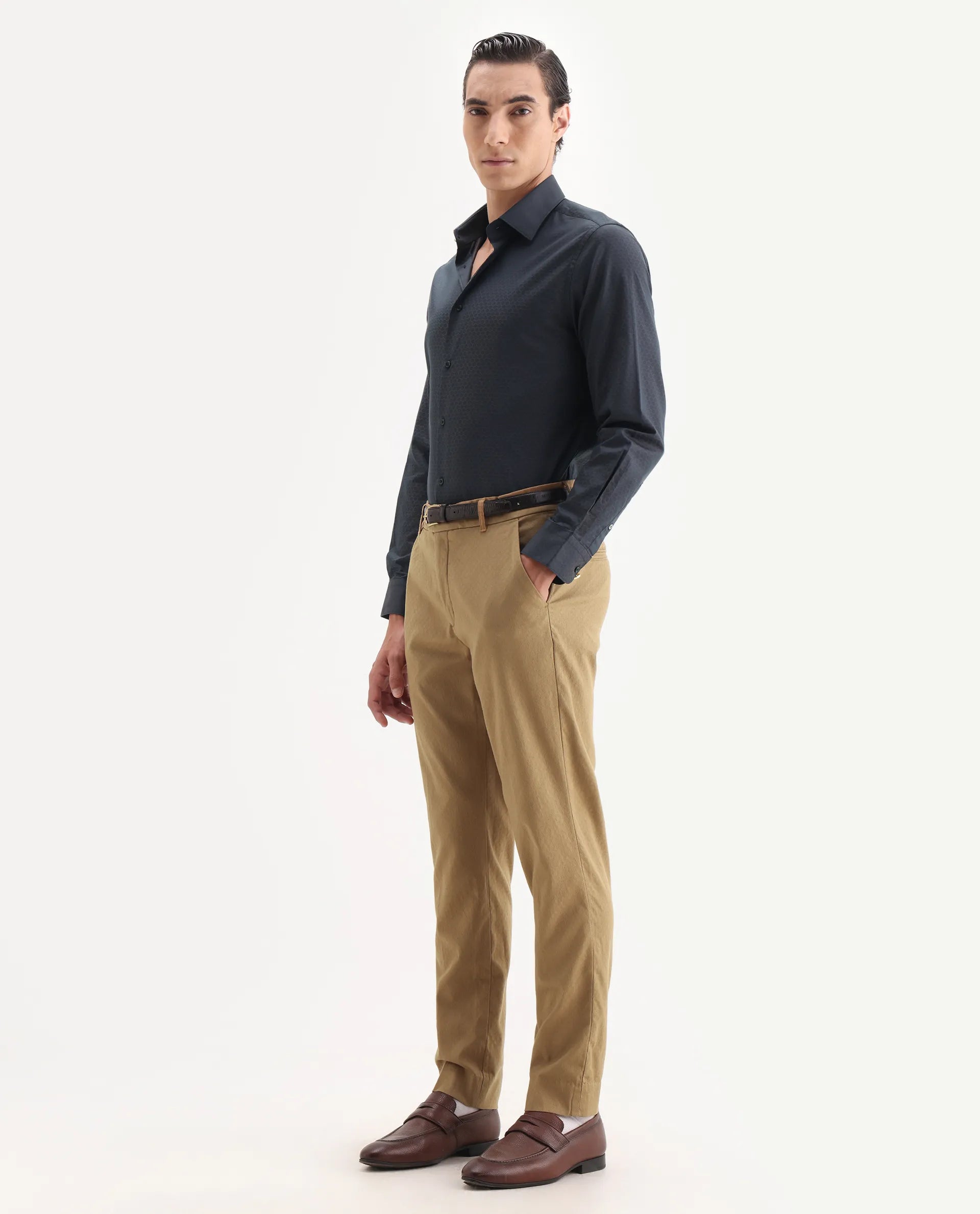 Rare Rabbit Men's Jes Khaki Cotton Blend Jacquard Relaxed Fit Trouser