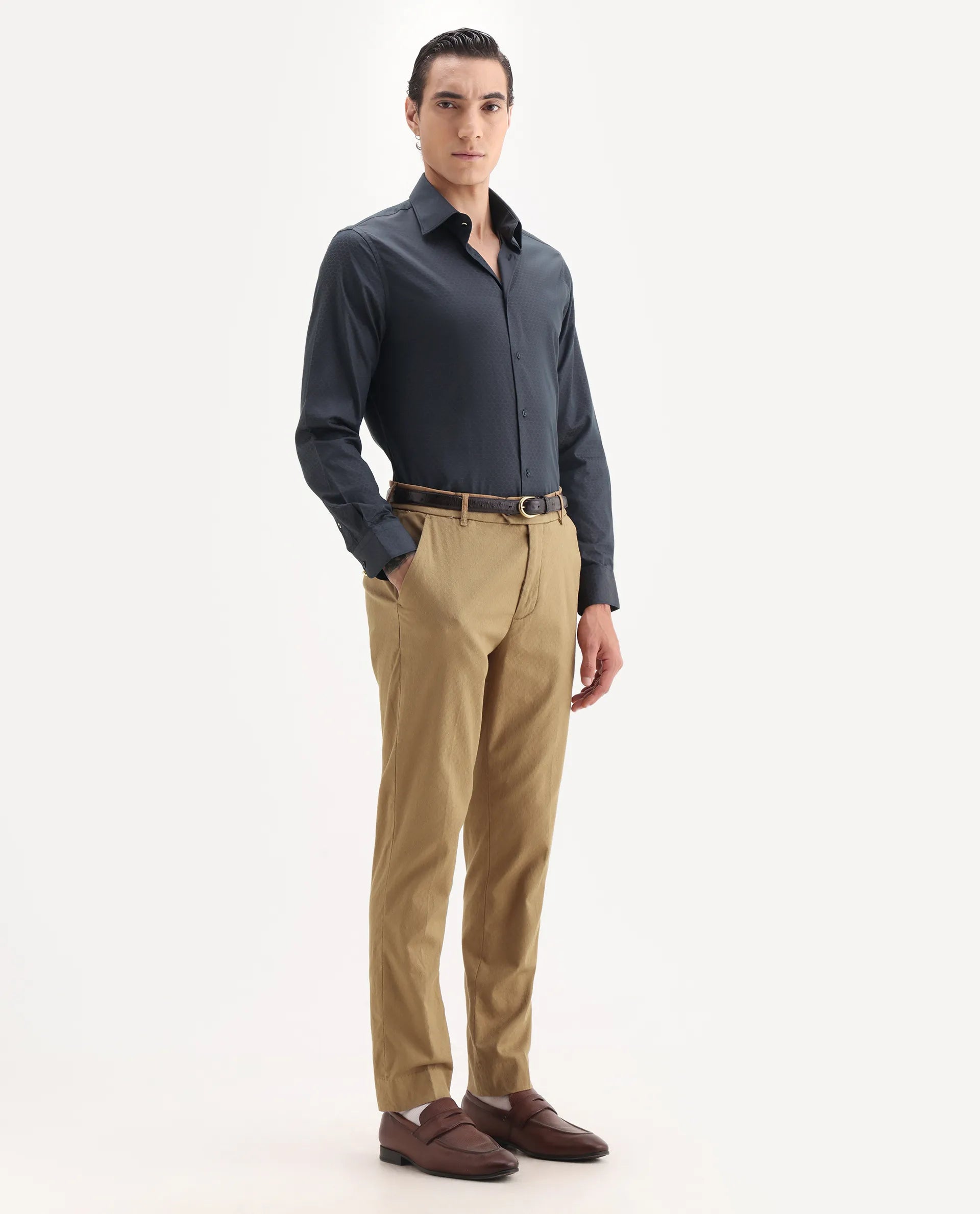 Rare Rabbit Men's Jes Khaki Cotton Blend Jacquard Relaxed Fit Trouser