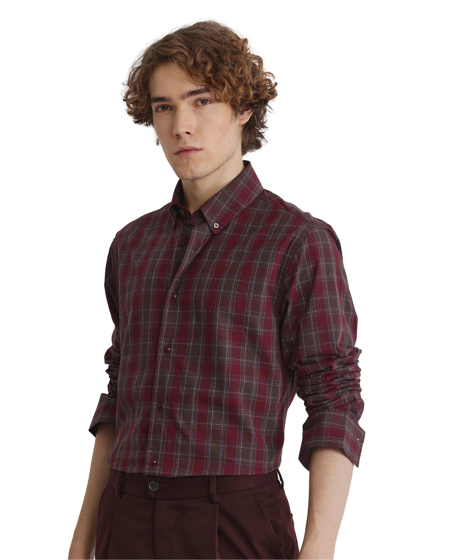 Rare Rabbit Men's Jessen Red Cotton Fabric Full Sleeve Collared Neck Checks Shirt