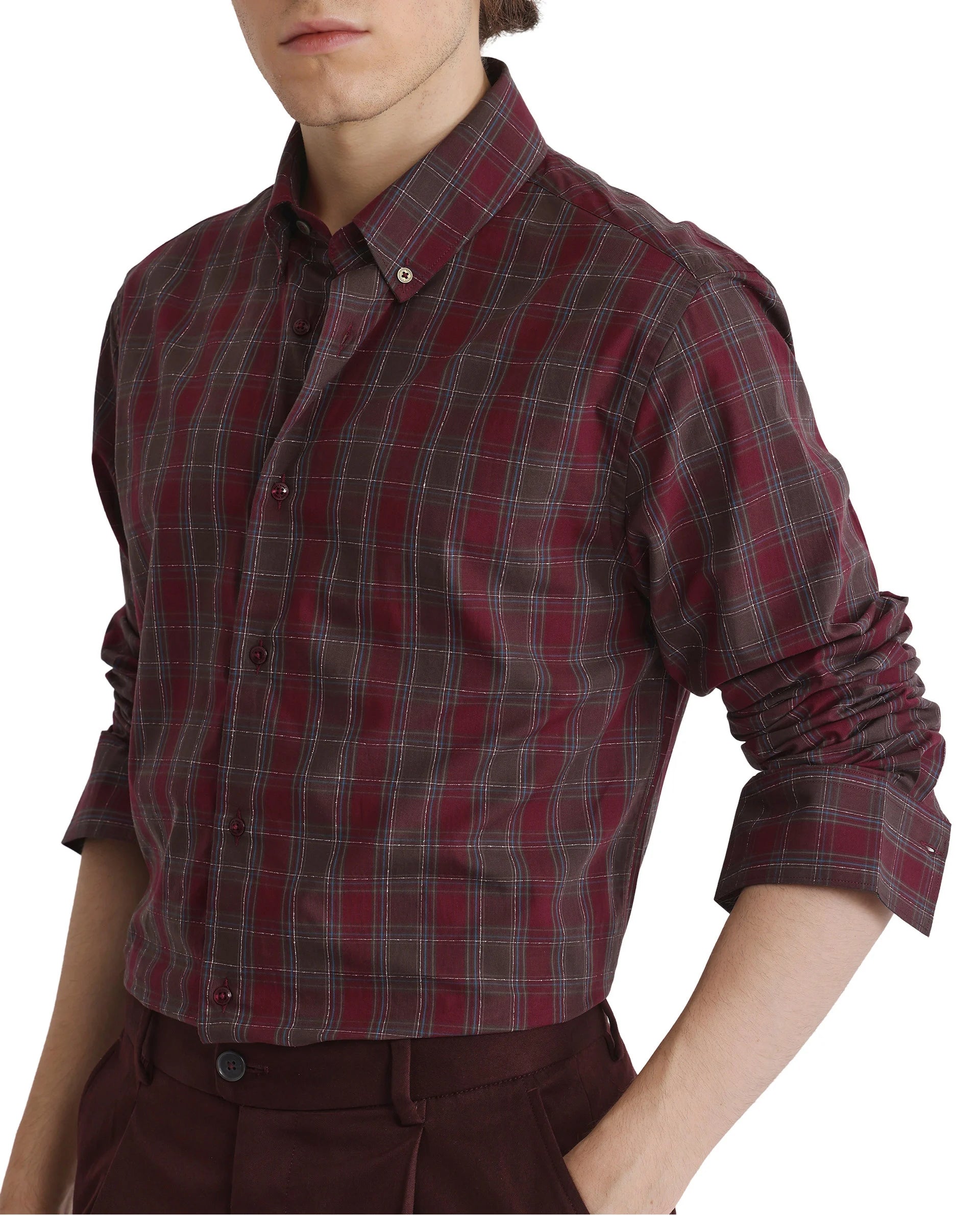 Rare Rabbit Men's Jessen Red Cotton Fabric Full Sleeve Collared Neck Checks Shirt