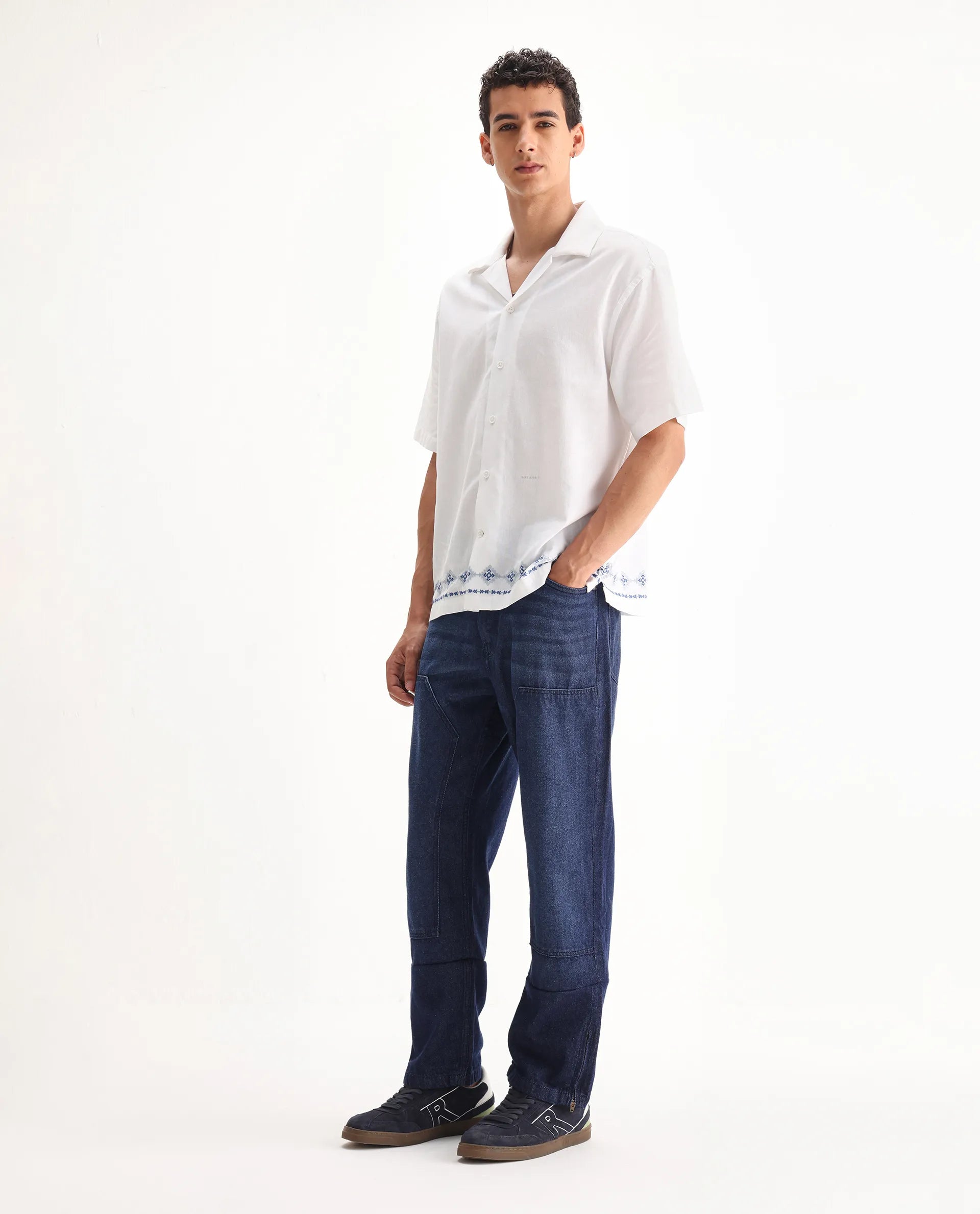 Rare Rabbit Men's Jettor Dark Blue Cotton Plain Relaxed Fit Jeans