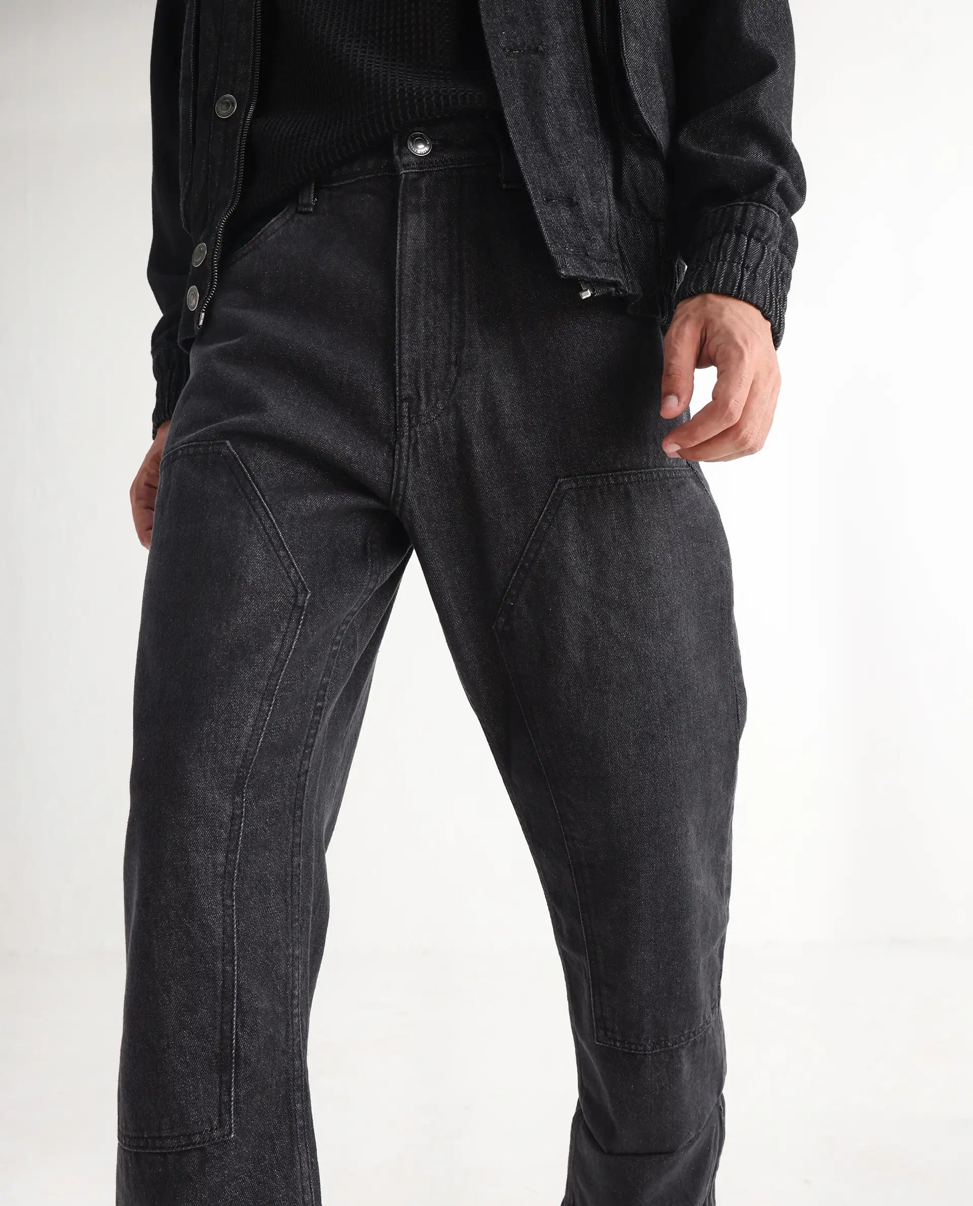 Rare Rabbit Men's Jettor Dark Grey Cotton Plain Relaxed Fit Jeans