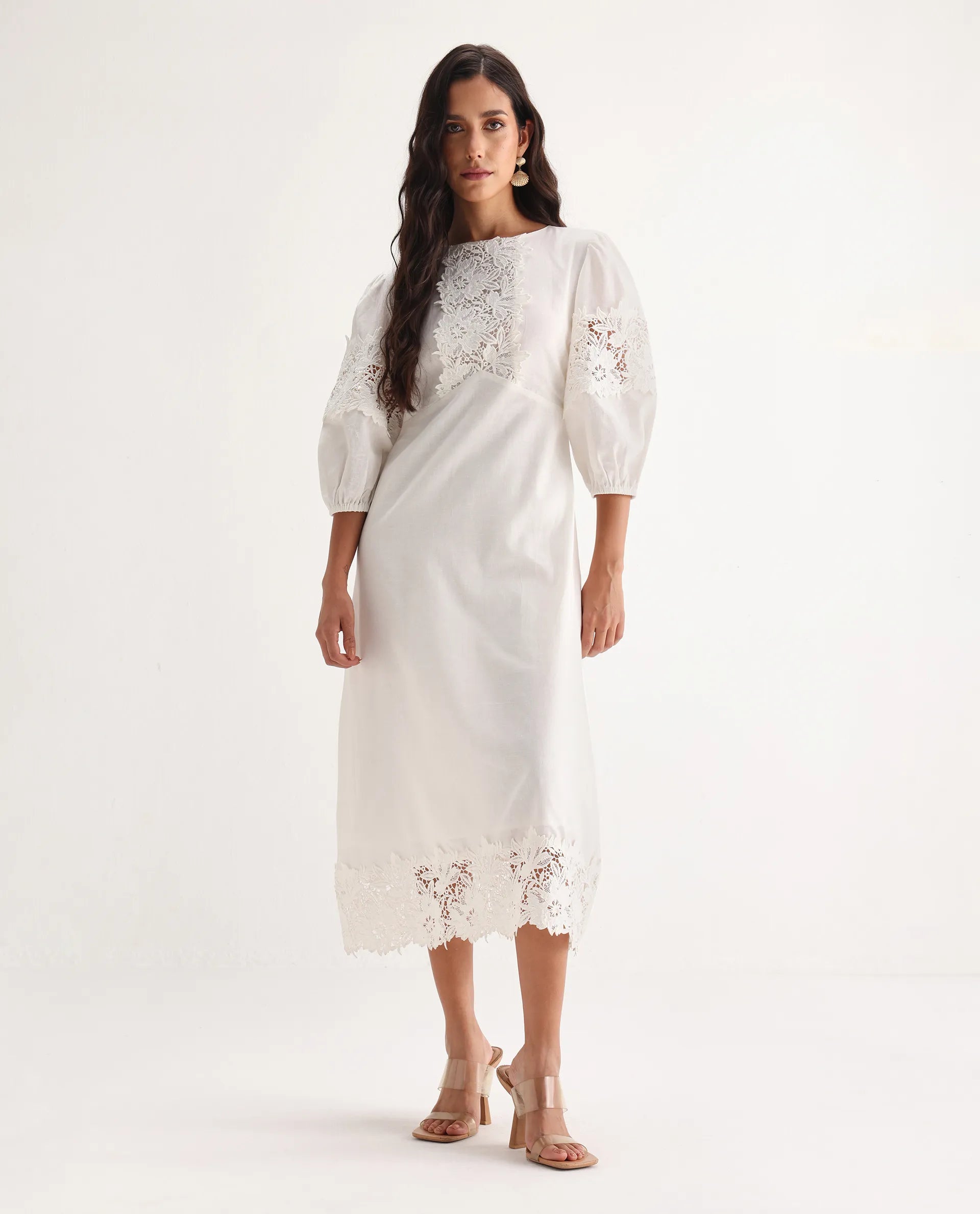 Rareism Women's Jex Off White Cotton Blend Round Neck A-Line Plain Midi Dress