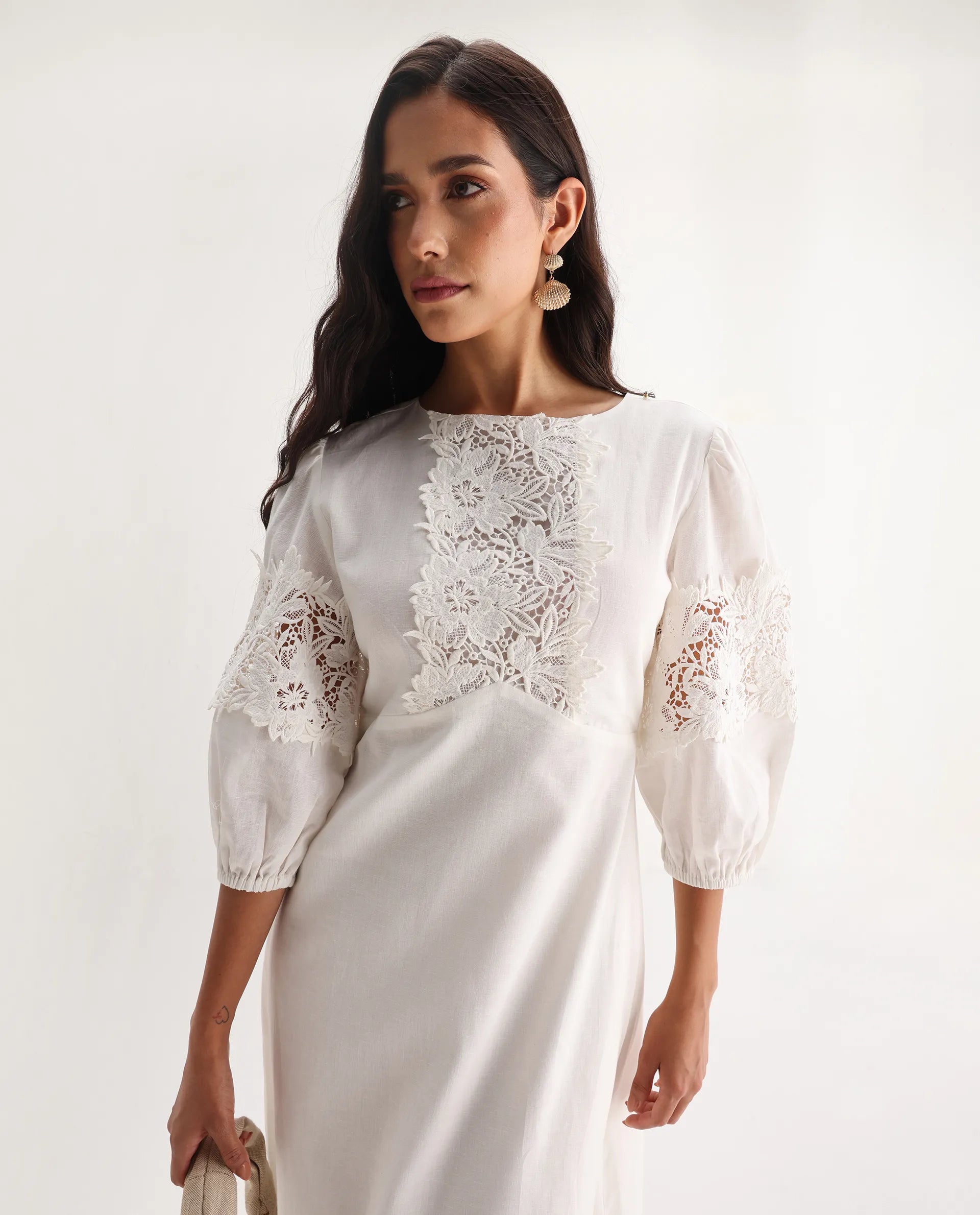 Rareism Women's Jex Off White Cotton Blend Round Neck A-Line Plain Midi Dress