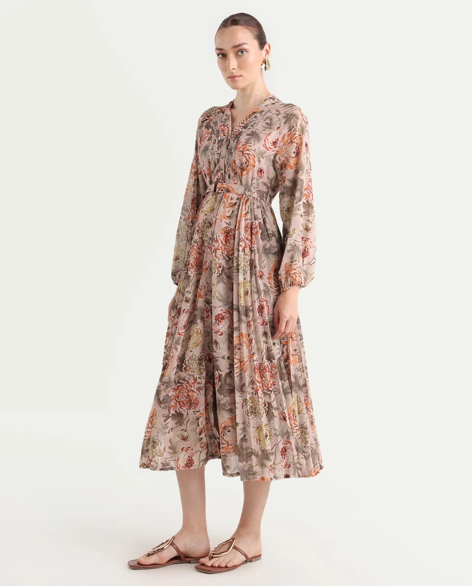 Rareism Women's Jibon Multi Polyester V-Neck Floral Print Midi A-Line Dress