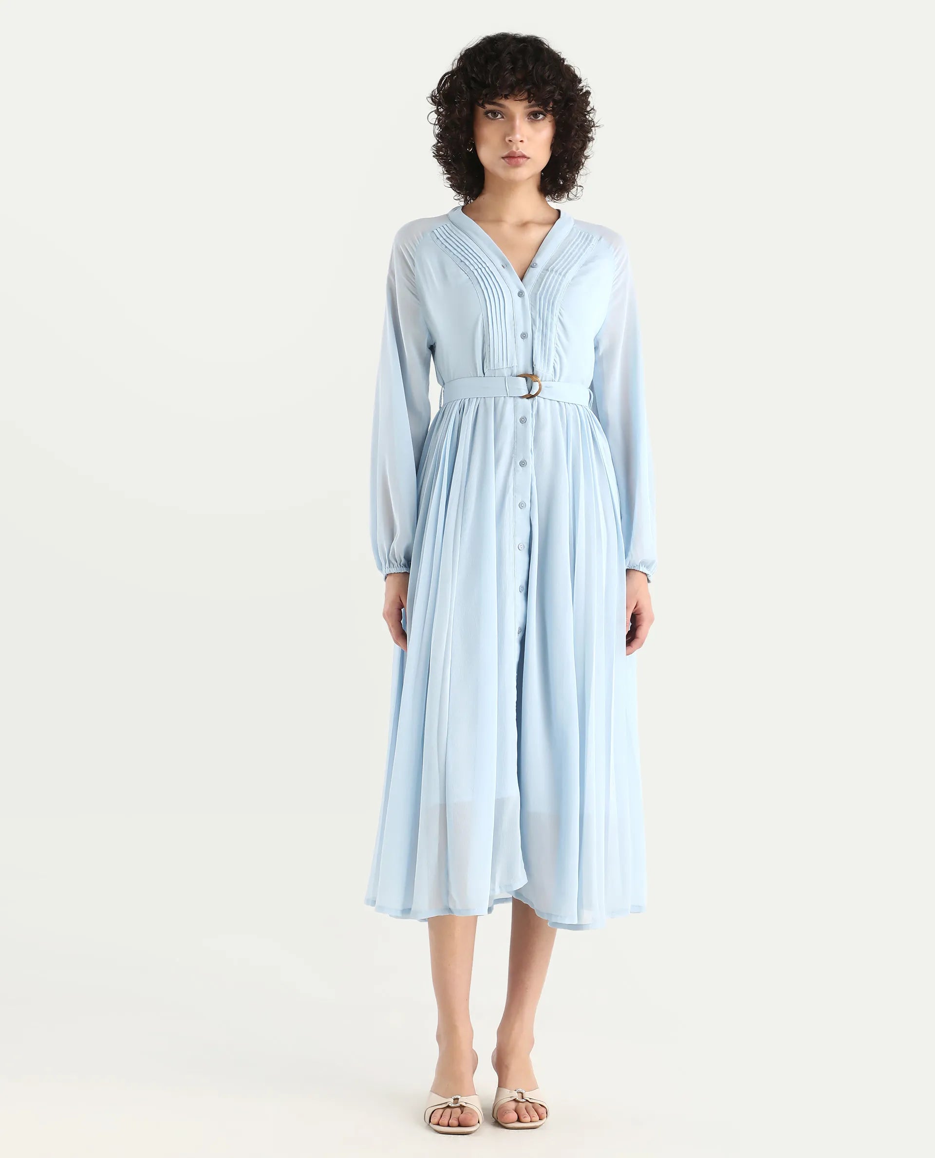 Rareism Women's Jibouti - Light Blue Polyester V-Neck Plain Raglan Sleeve Maxi A-Line Dress