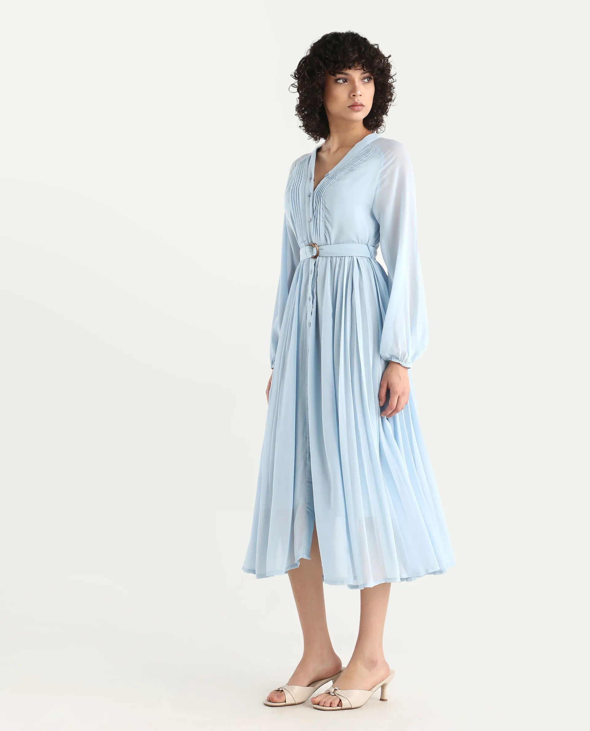 Rareism Women's Jibouti - Light Blue Polyester V-Neck Plain Raglan Sleeve Maxi A-Line Dress