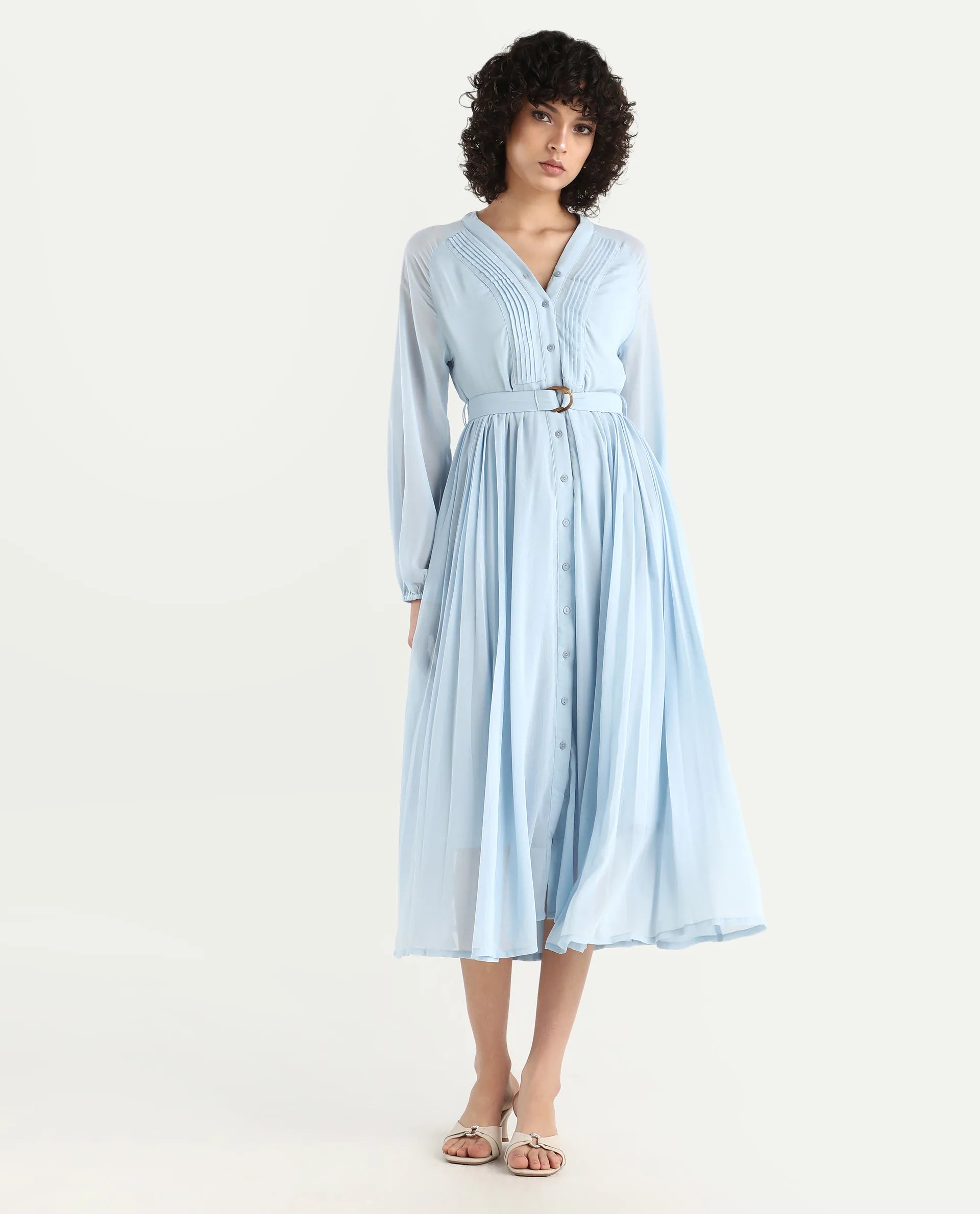 Rareism Women's Jibouti - Light Blue Polyester V-Neck Plain Raglan Sleeve Maxi A-Line Dress