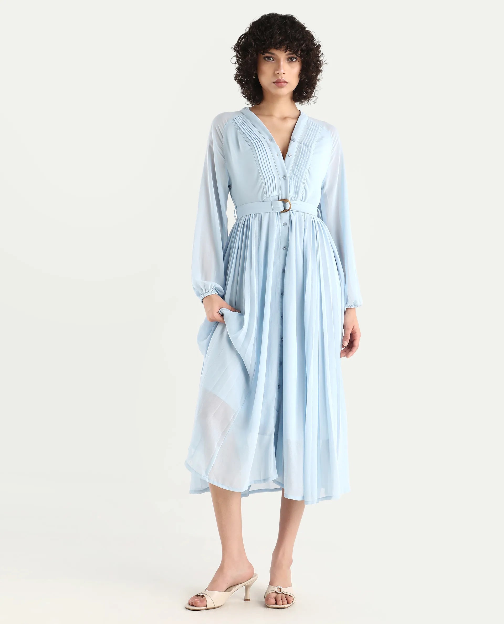 Rareism Women's Jibouti - Light Blue Polyester V-Neck Plain Raglan Sleeve Maxi A-Line Dress