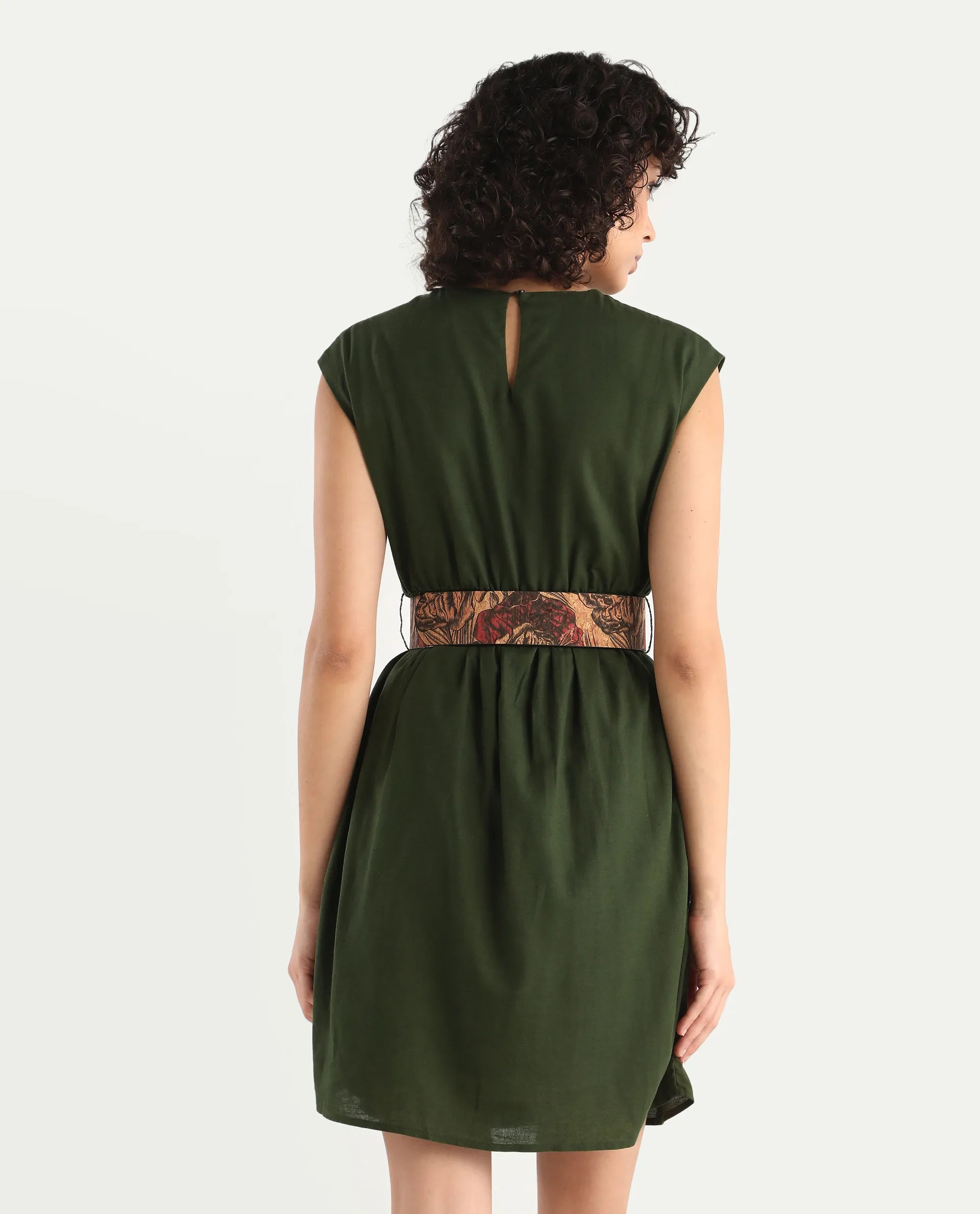 Rareism Women's Ronas Olive Cotton Blend Round Neck Plain Sleeveless Mini A-Line Dress