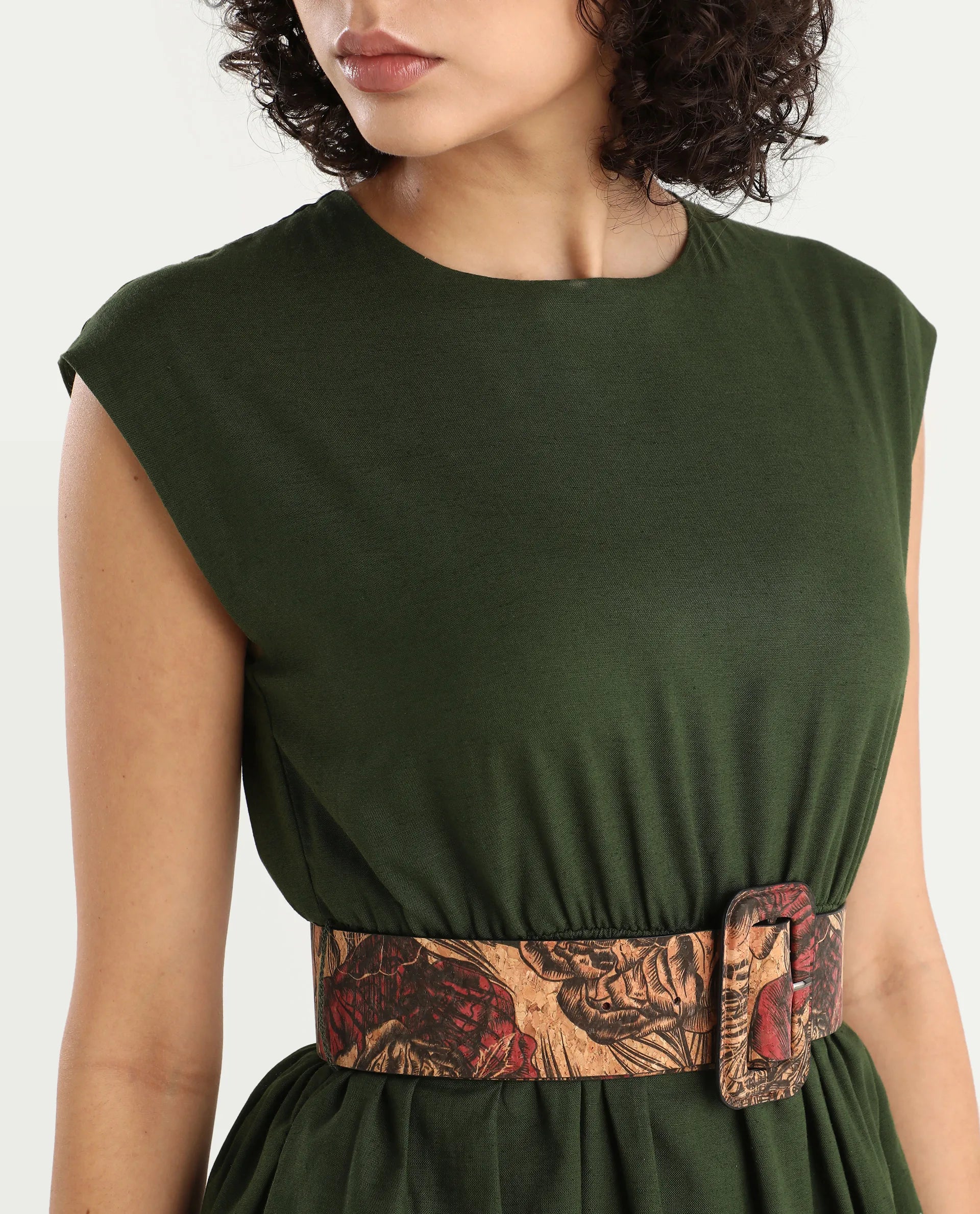 Rareism Women's Ronas Olive Cotton Blend Round Neck Plain Sleeveless Mini A-Line Dress