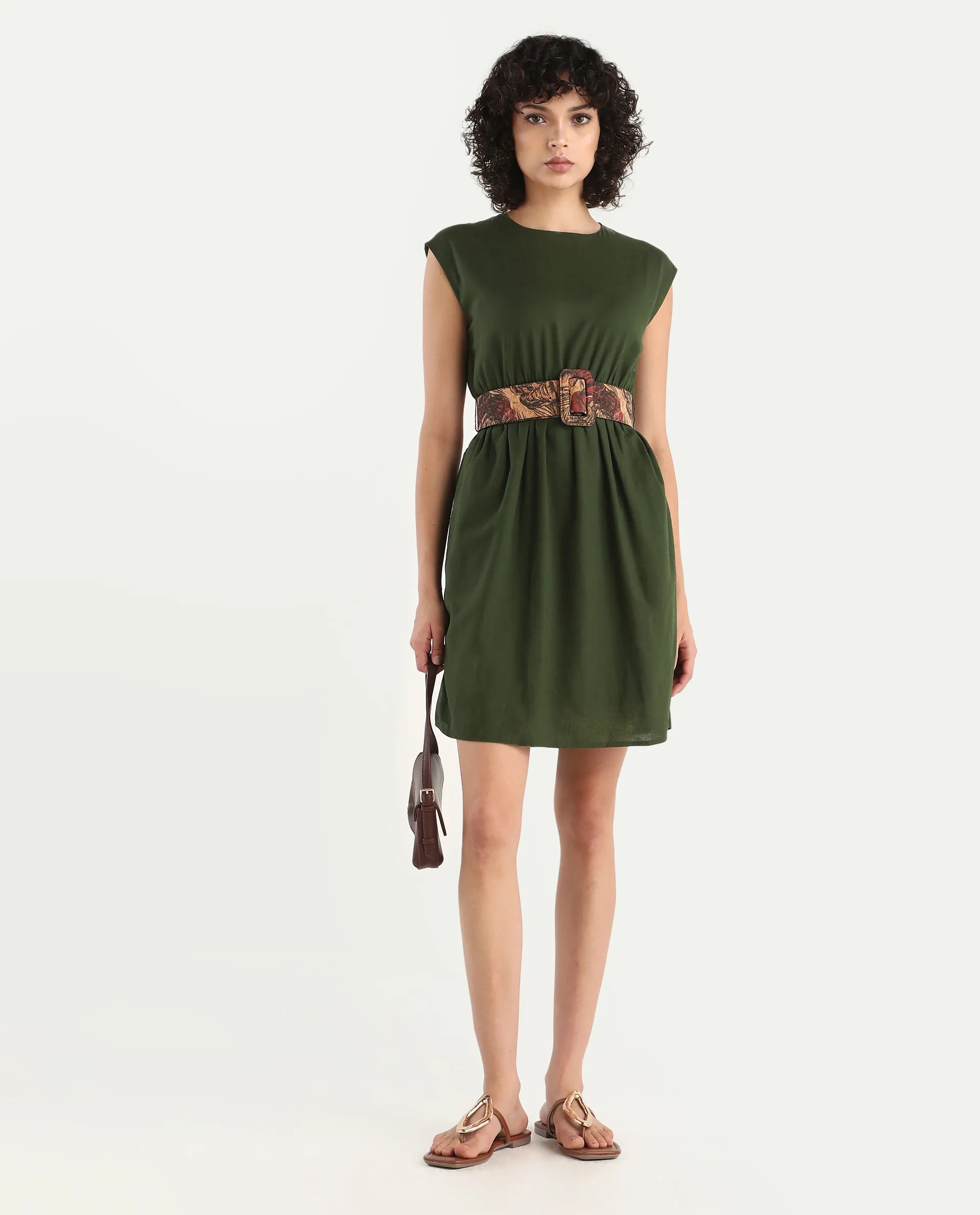 Rareism Women's Ronas Olive Cotton Blend Round Neck Plain Sleeveless Mini A-Line Dress