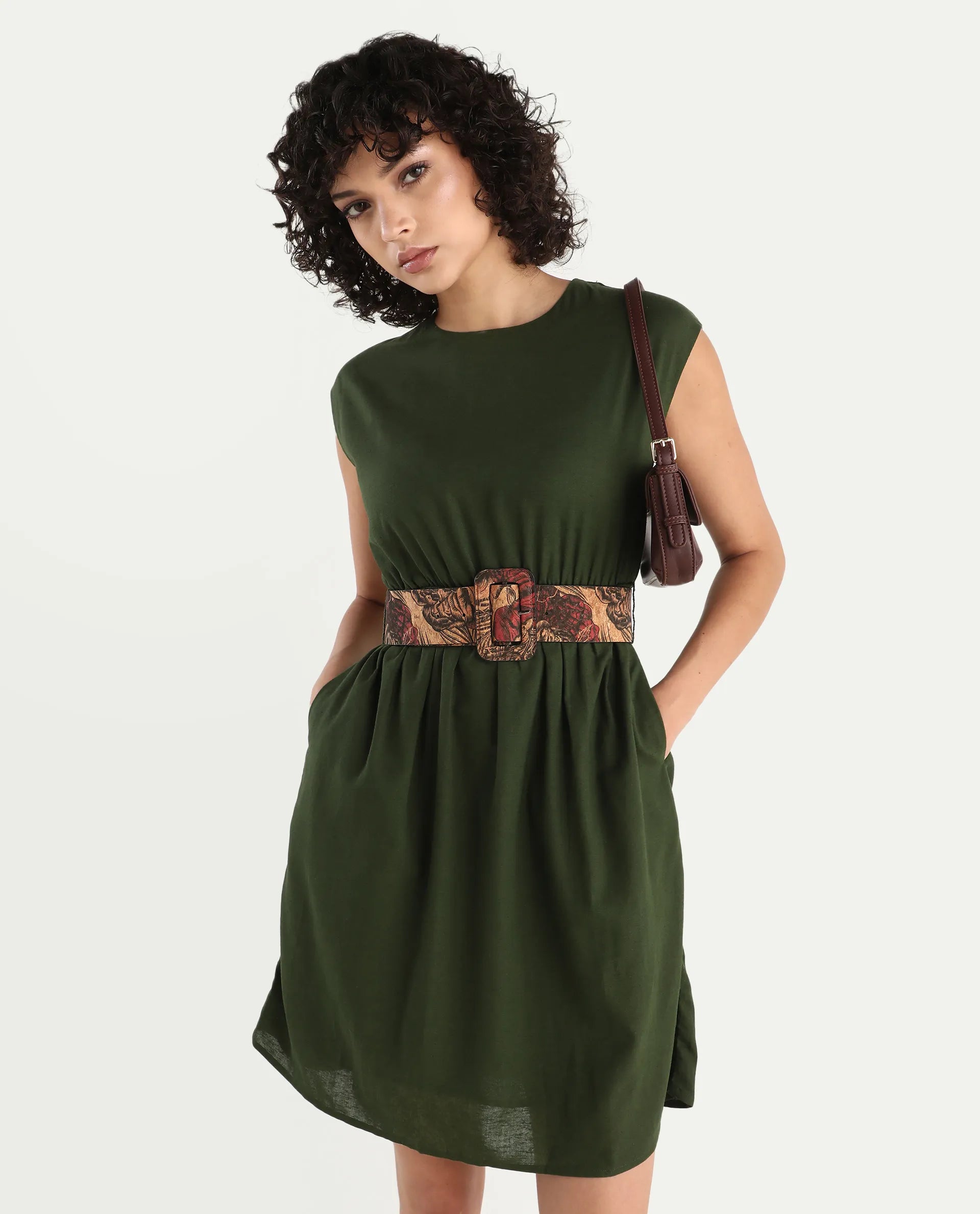 Rareism Women's Ronas Olive Cotton Blend Round Neck Plain Sleeveless Mini A-Line Dress