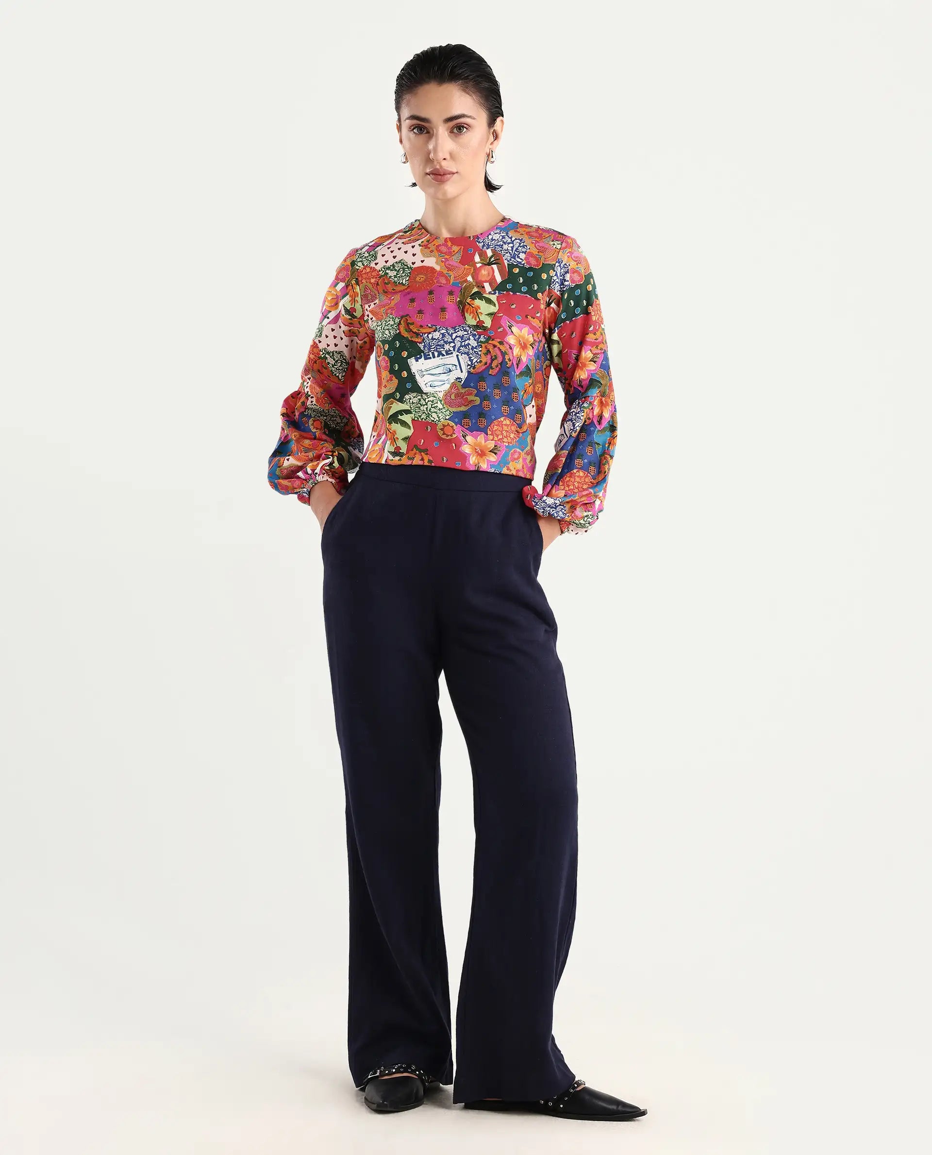 Rareism Women's Jibve Multi Rayon Crew Neck Abstract Print Lantern Sleeve Regular Fit Top