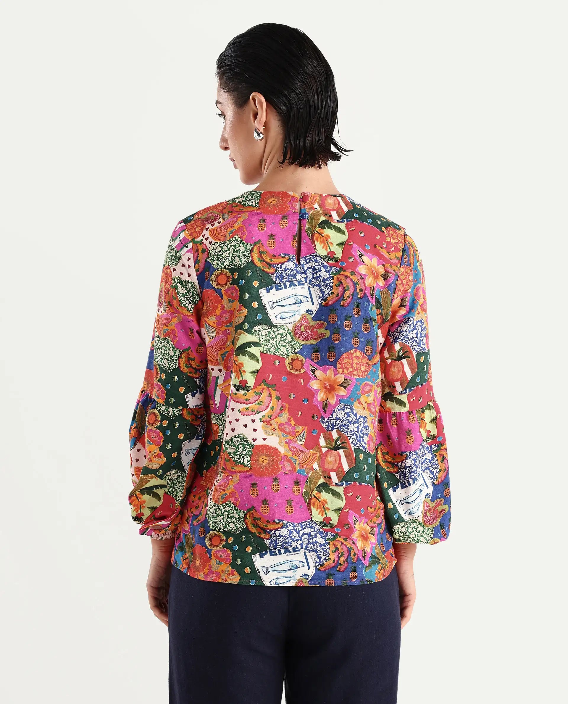 Rareism Women's Jibve Multi Rayon Crew Neck Abstract Print Lantern Sleeve Regular Fit Top