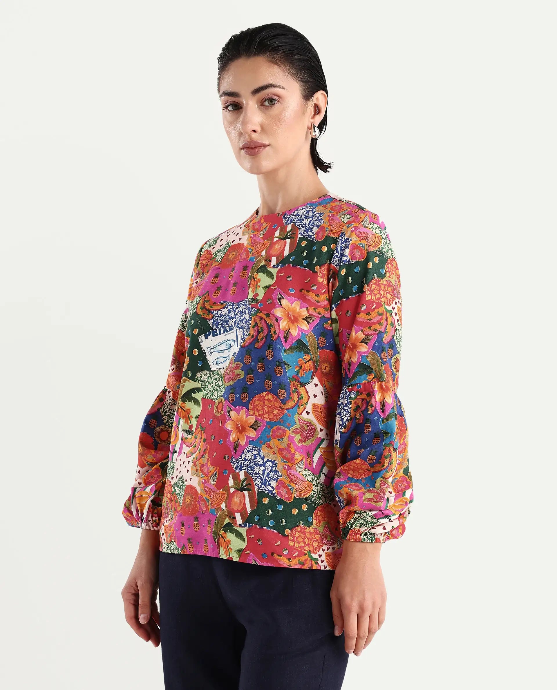 Rareism Women's Jibve Multi Rayon Crew Neck Abstract Print Lantern Sleeve Regular Fit Top