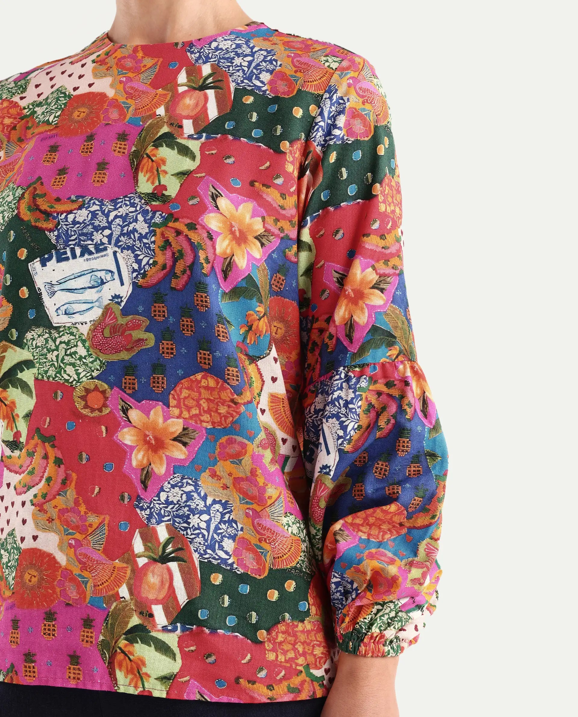 Rareism Women's Jibve Multi Rayon Crew Neck Abstract Print Lantern Sleeve Regular Fit Top