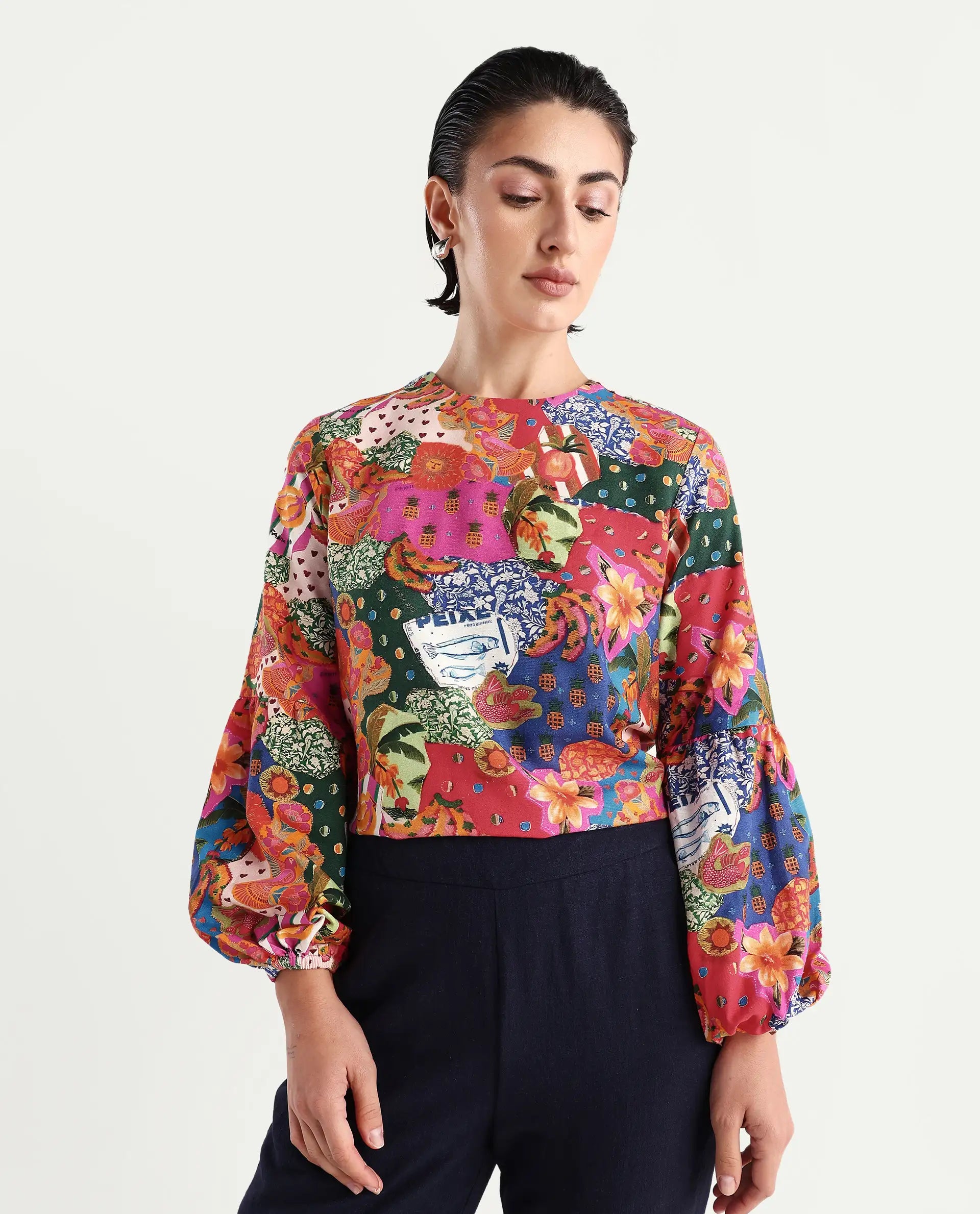 Rareism Women's Jibve Multi Rayon Crew Neck Abstract Print Lantern Sleeve Regular Fit Top