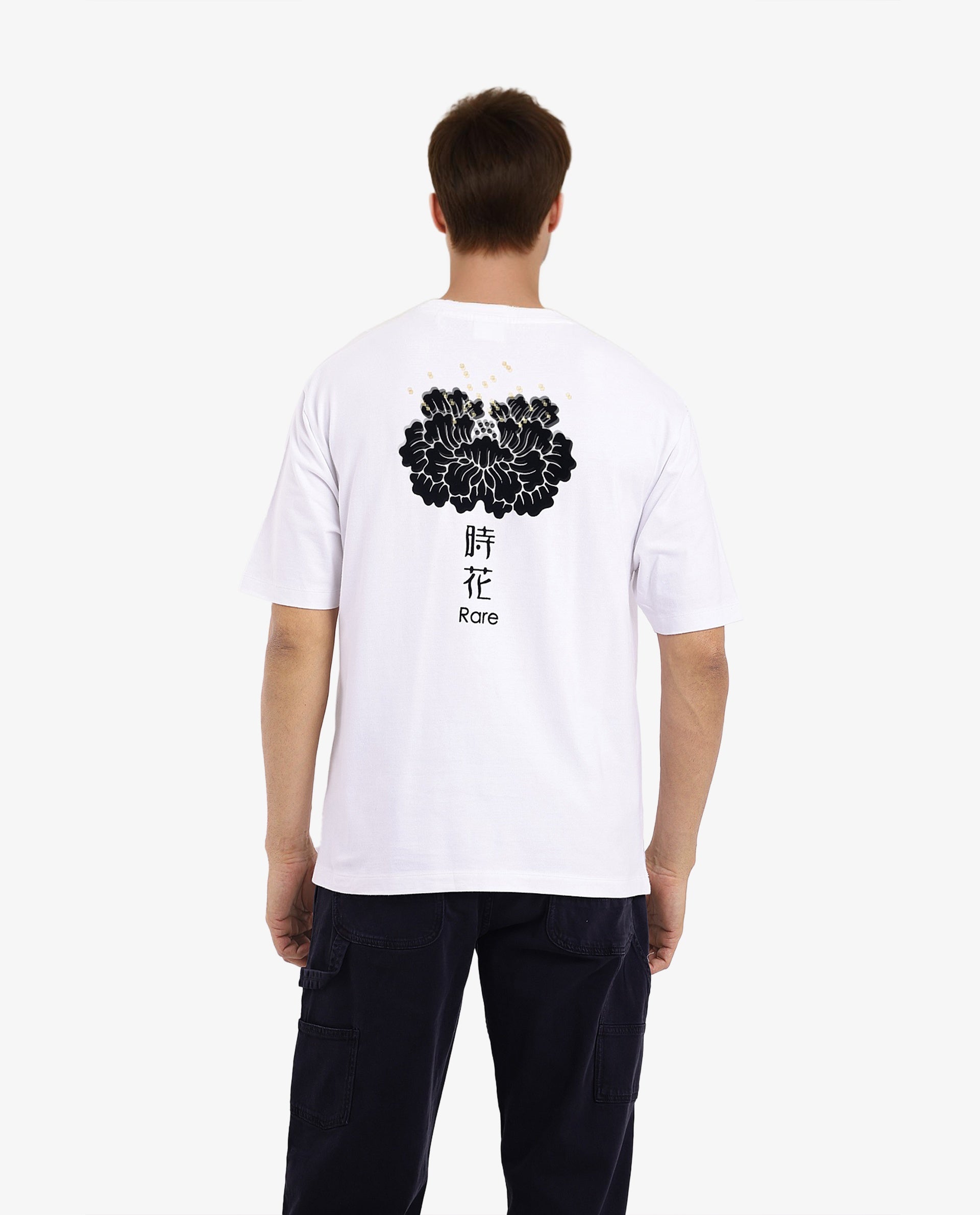 Rare Rabbit Men Jika White Short Sleeve Crew Neck Oversized Fit Graphic Back Print T-Shirt