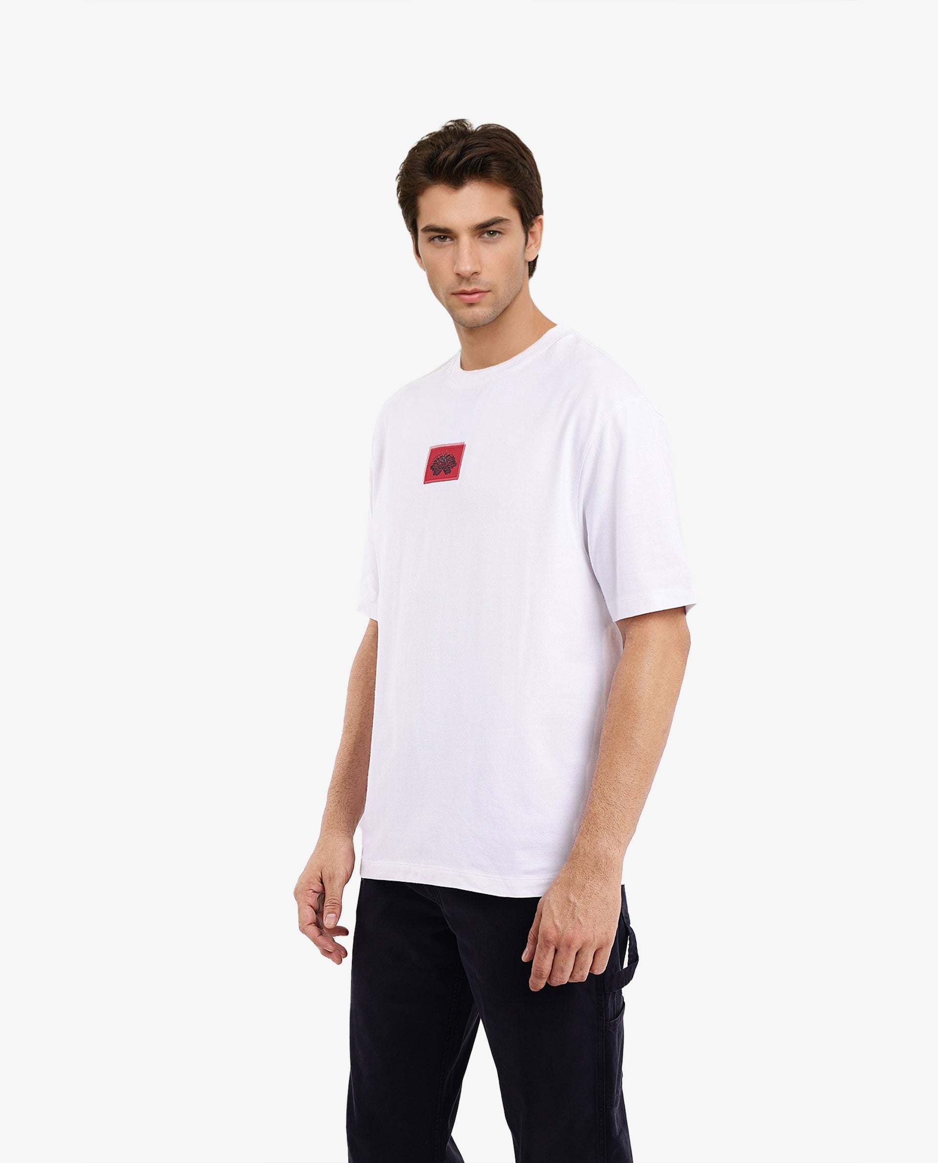 Rare Rabbit Men Jika White Short Sleeve Crew Neck Oversized Fit Graphic Back Print T-Shirt