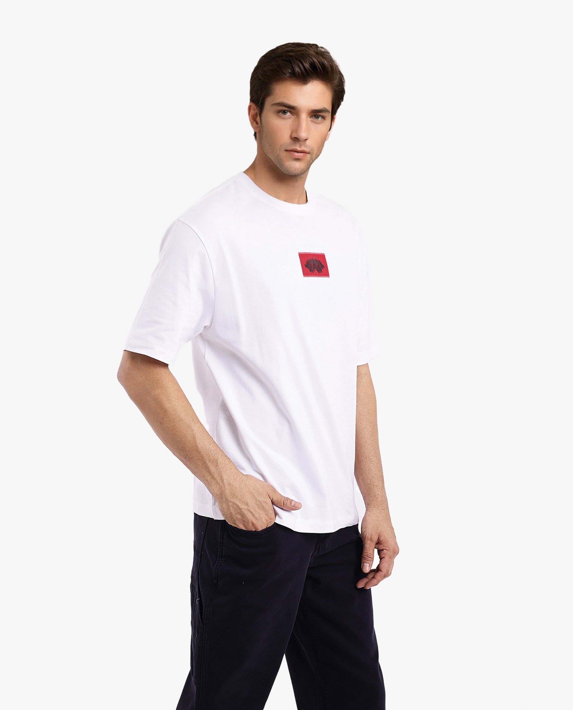 Rare Rabbit Men Jika White Short Sleeve Crew Neck Oversized Fit Graphic Back Print T-Shirt