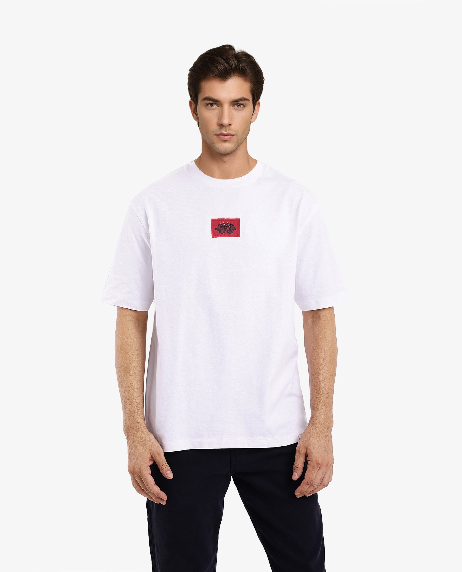 Rare Rabbit Men Jika White Short Sleeve Crew Neck Oversized Fit Graphic Back Print T-Shirt