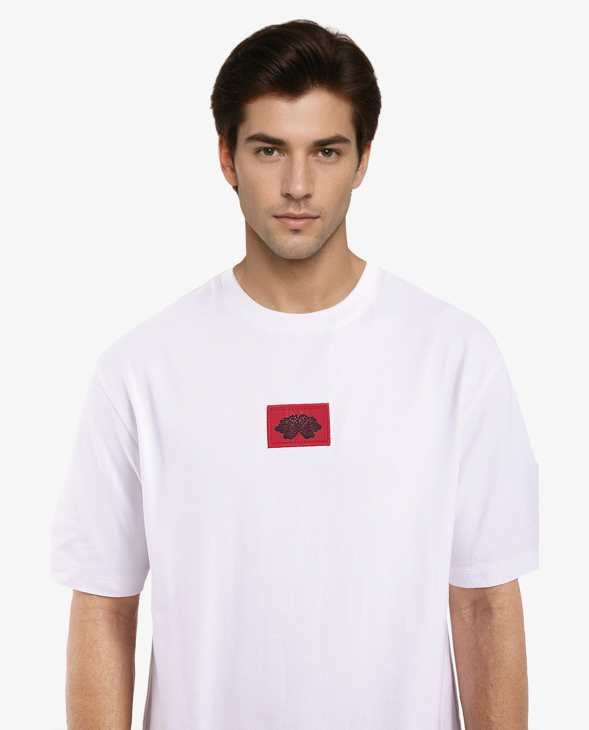 Rare Rabbit Men Jika White Short Sleeve Crew Neck Oversized Fit Graphic Back Print T-Shirt