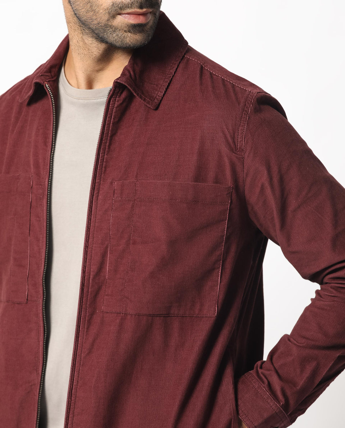 Rare Rabbit Men's Jilin Dark Maroon Cotton Fabric Full Sleeves Zip Closure Solid Twill Shacket