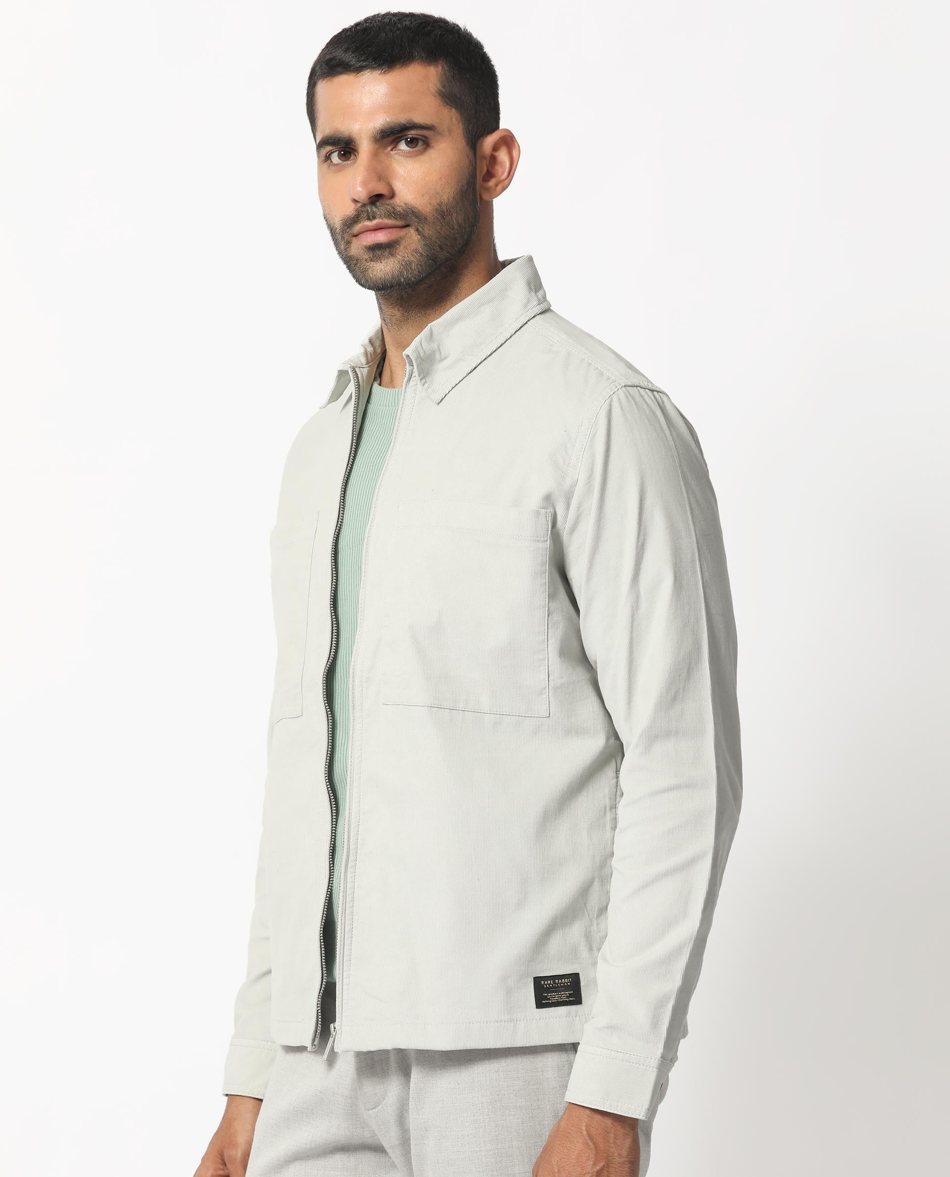 Rare Rabbit Men's Jilin Light Grey Cotton Fabric Full Sleeves Zip Closure Solid Twill Shacket