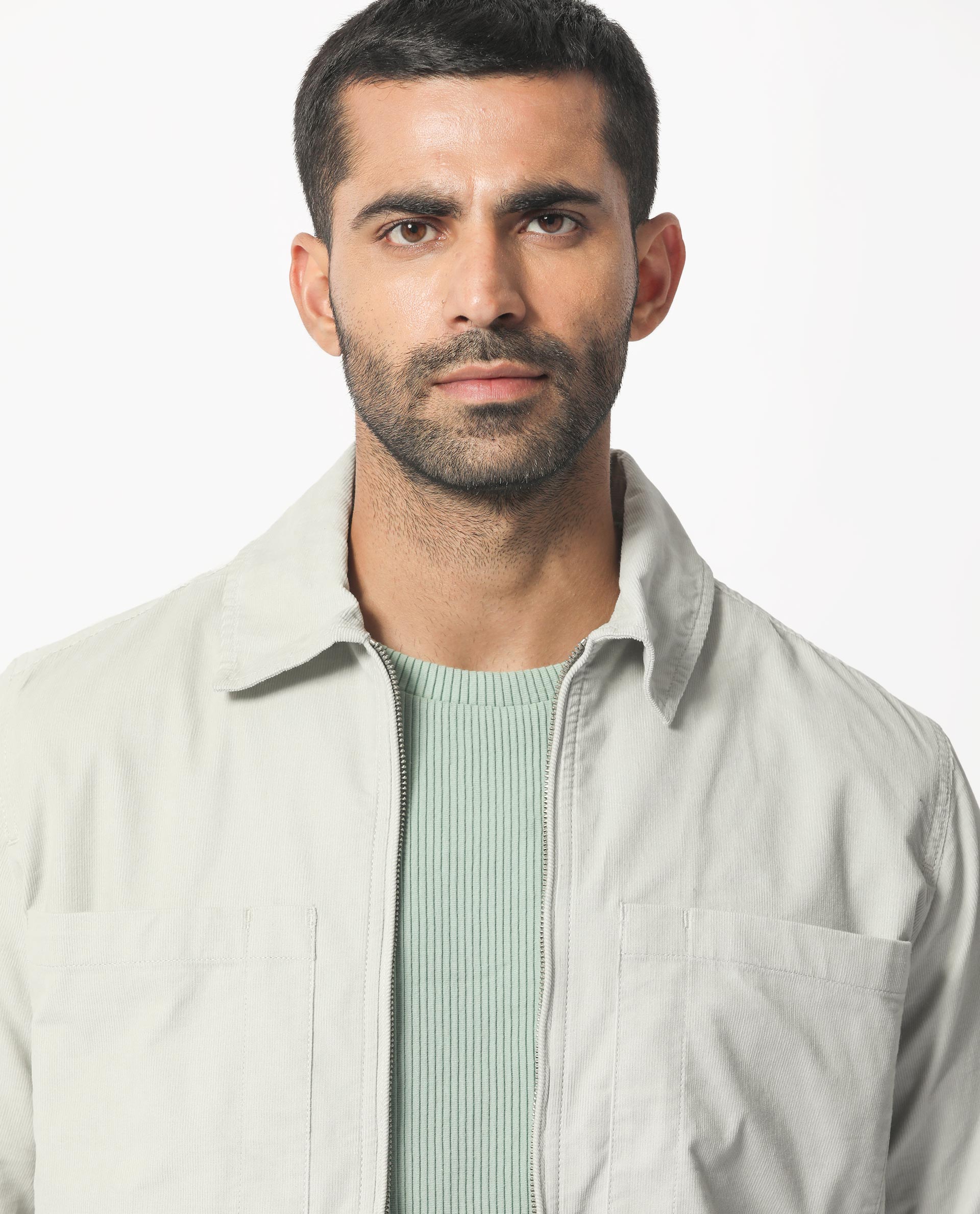 Rare Rabbit Men's Jilin Light Grey Cotton Fabric Full Sleeves Zip Closure Solid Twill Shacket