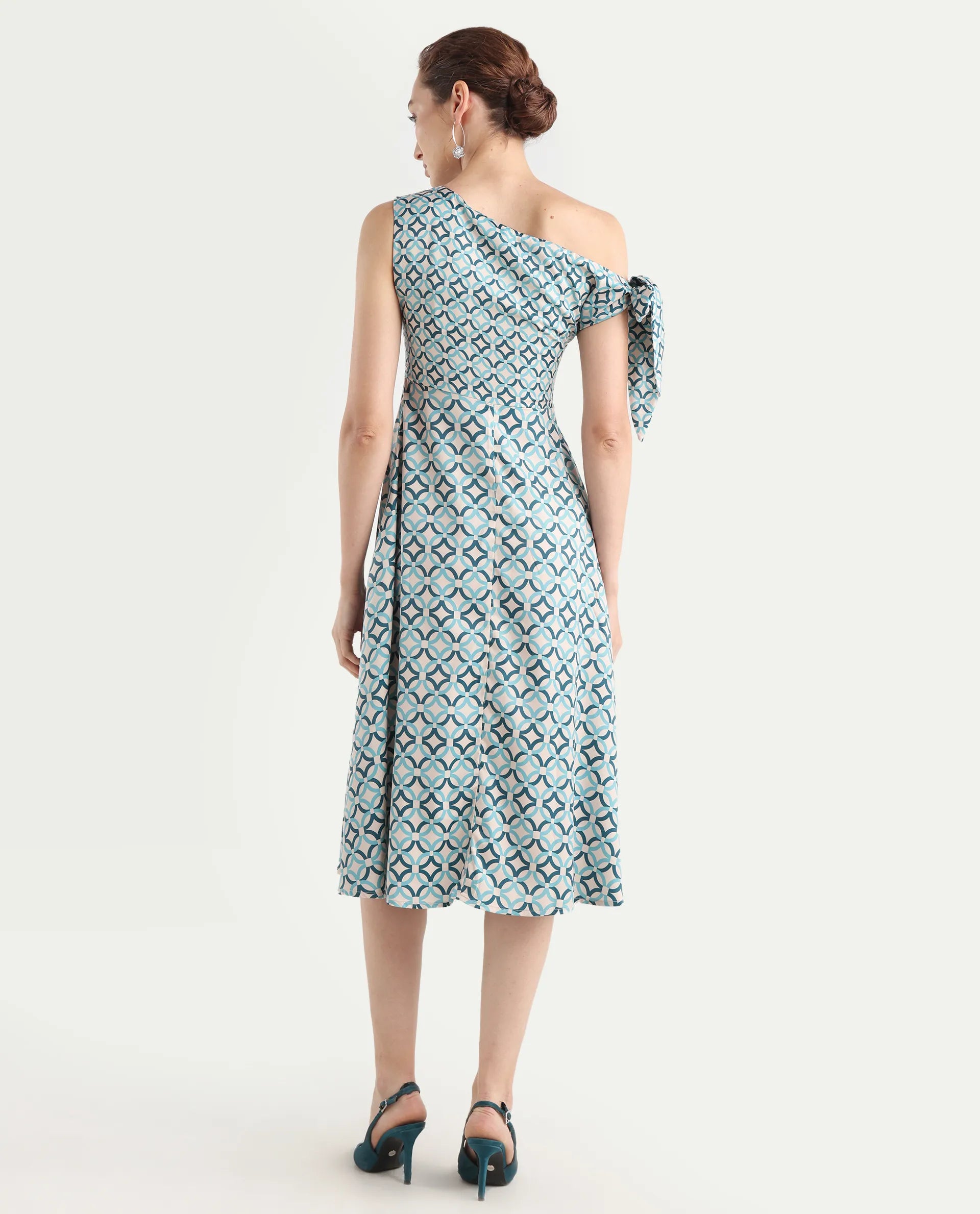 Rareism Women's Jinican Light Multi Satin Asymmetric Neck Geometric Print Tie Up Sleeve Midi Asymmetric Dress