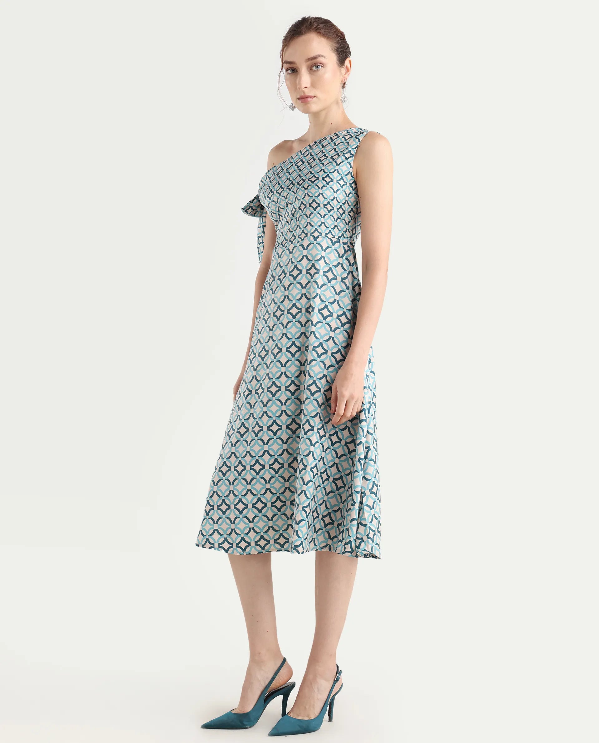 Rareism Women's Jinican Light Multi Satin Asymmetric Neck Geometric Print Tie Up Sleeve Midi Asymmetric Dress